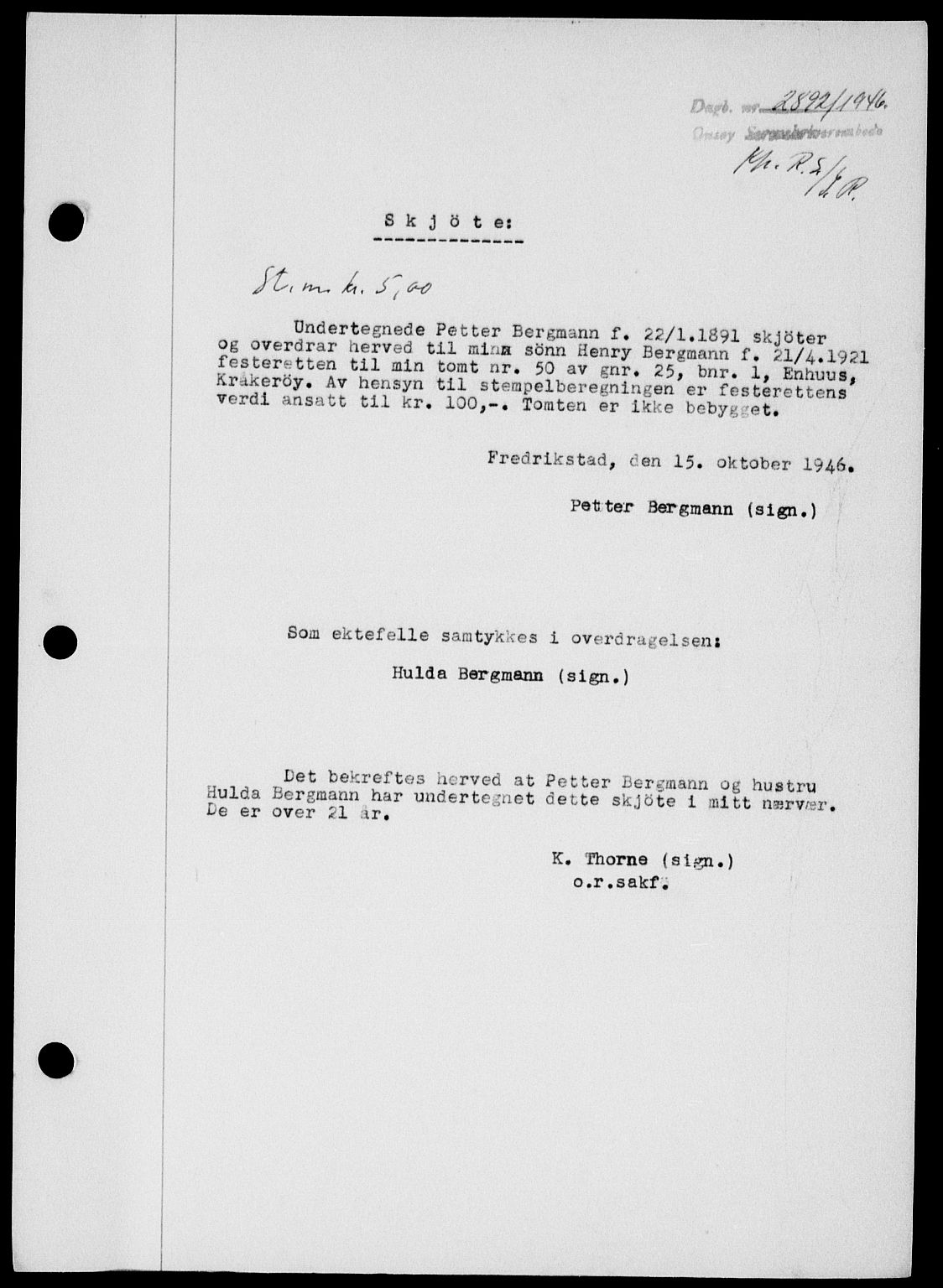 Onsøy sorenskriveri, SAO/A-10474/G/Ga/Gab/L0018: Mortgage book no. II A-18, 1946-1947, Diary no: : 2892/1946