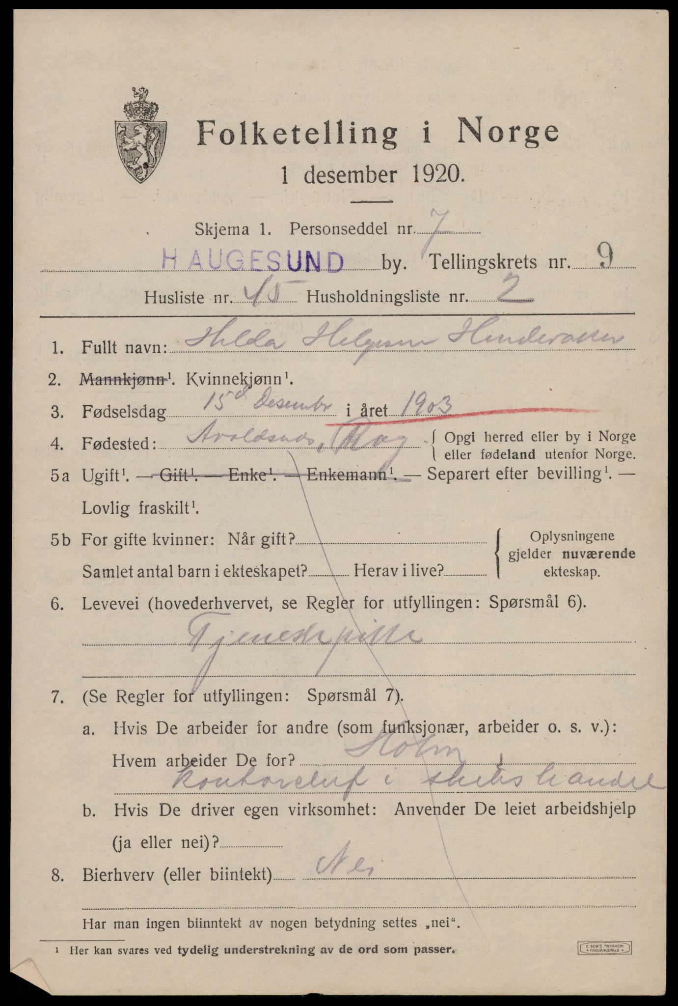 SAST, 1920 census for Haugesund, 1920, p. 32931