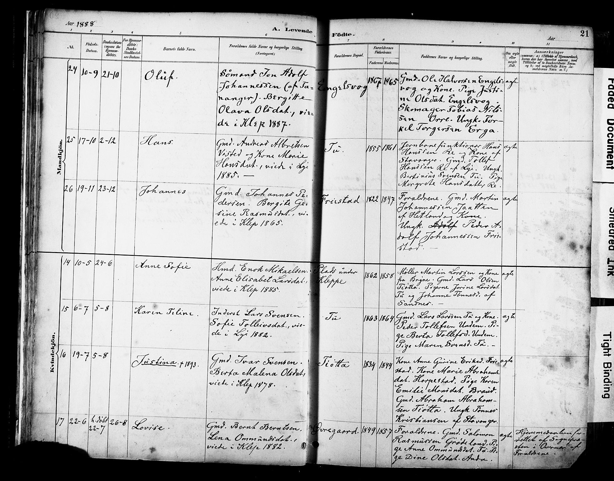 Klepp sokneprestkontor, AV/SAST-A-101803/001/3/30BA/L0009: Parish register (official) no. A 7, 1886-1915, p. 21