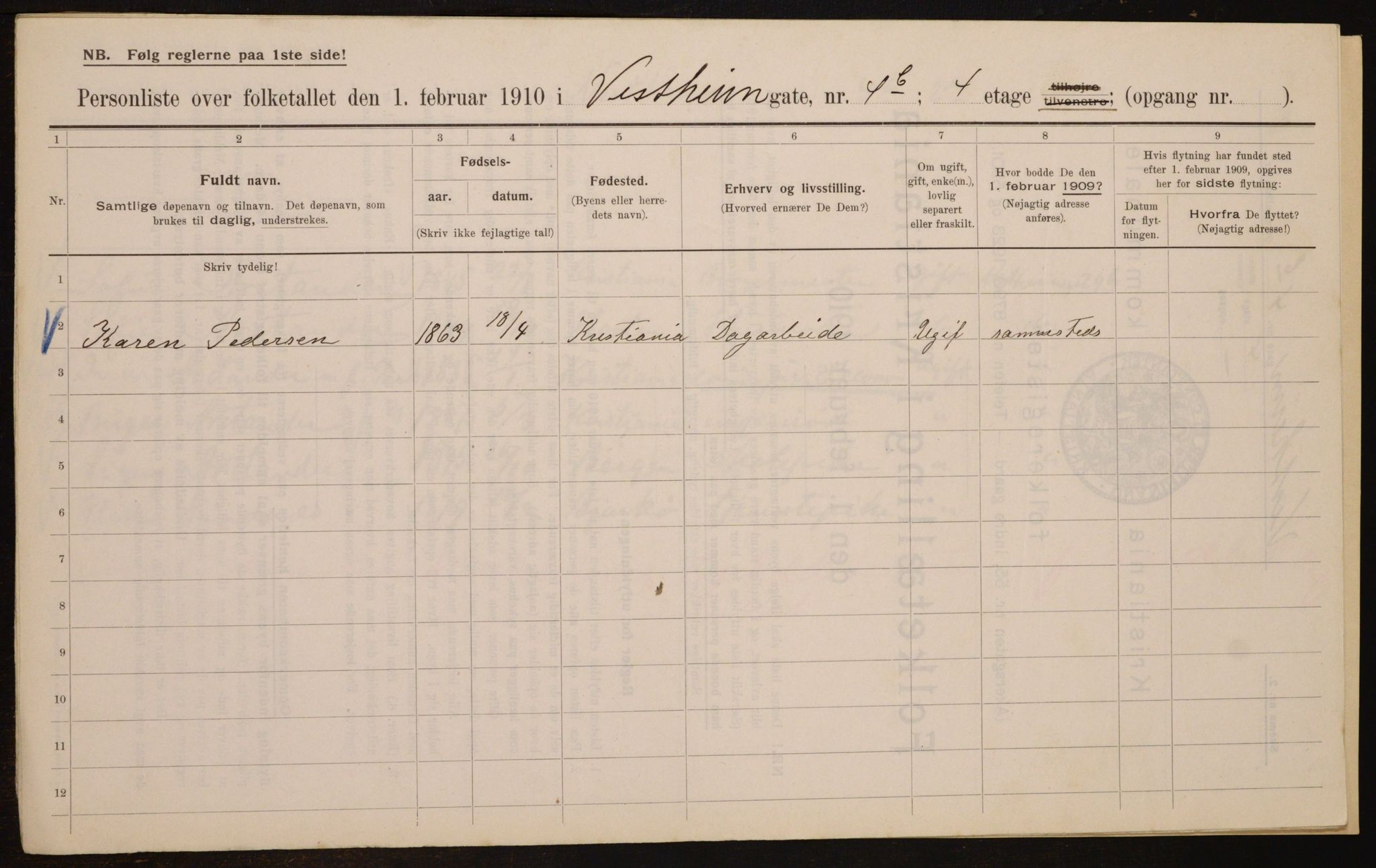 OBA, Municipal Census 1910 for Kristiania, 1910, p. 116095