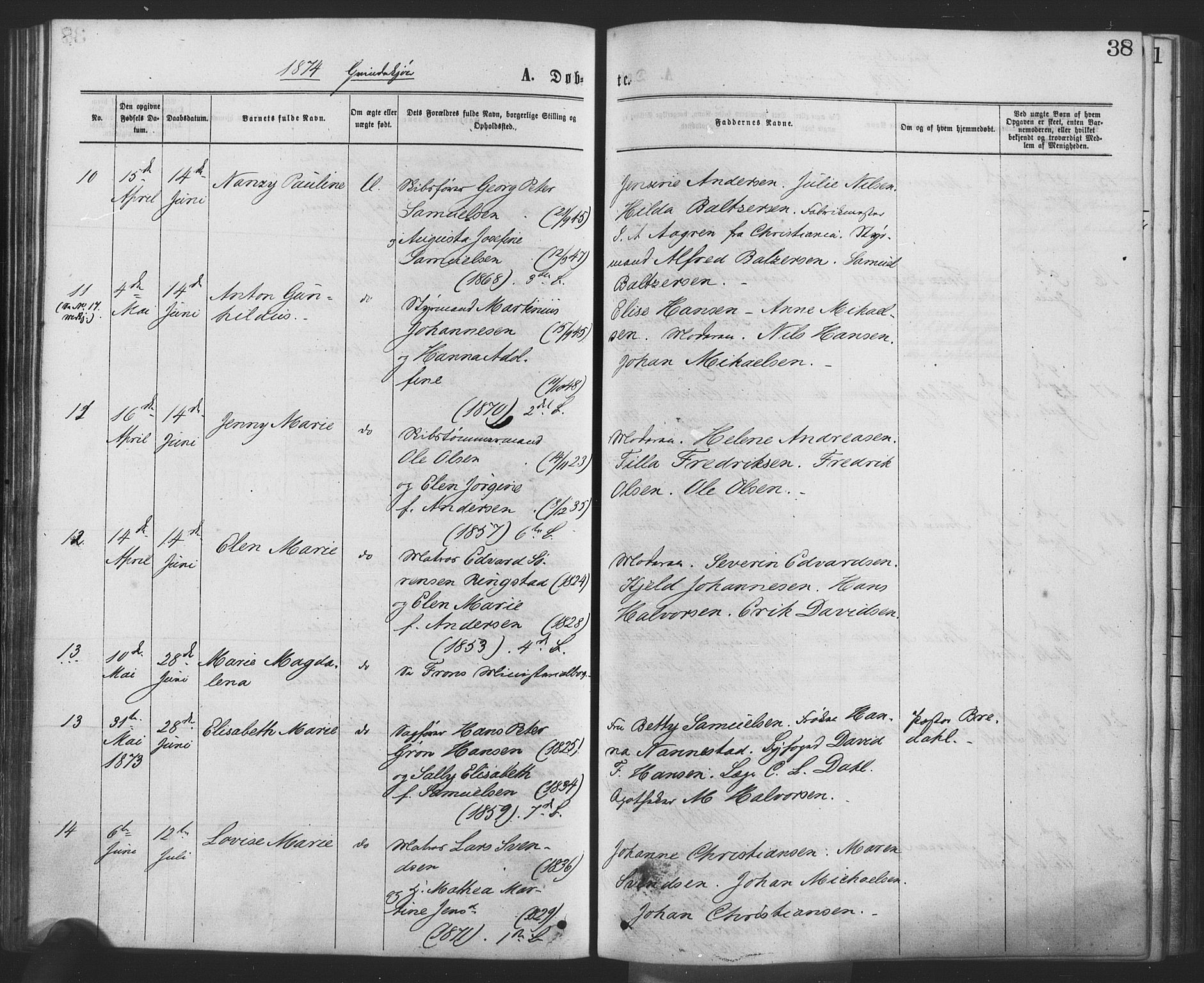 Drøbak prestekontor Kirkebøker, SAO/A-10142a/F/Fa/L0003: Parish register (official) no. I 3, 1871-1877, p. 38