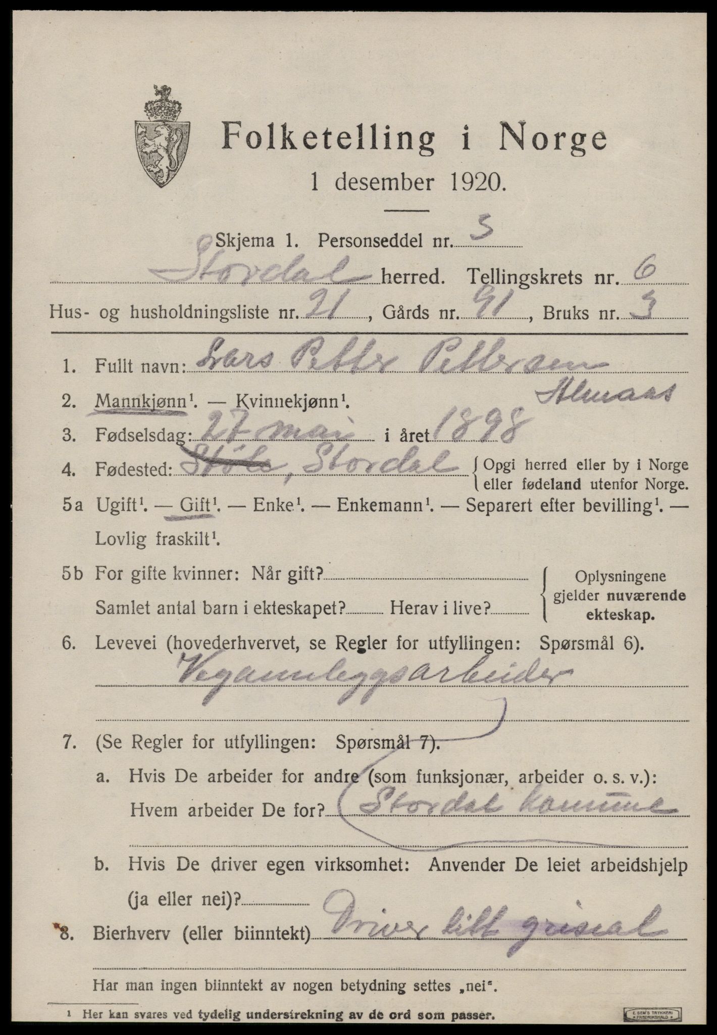 SAT, 1920 census for Stordal, 1920, p. 2082