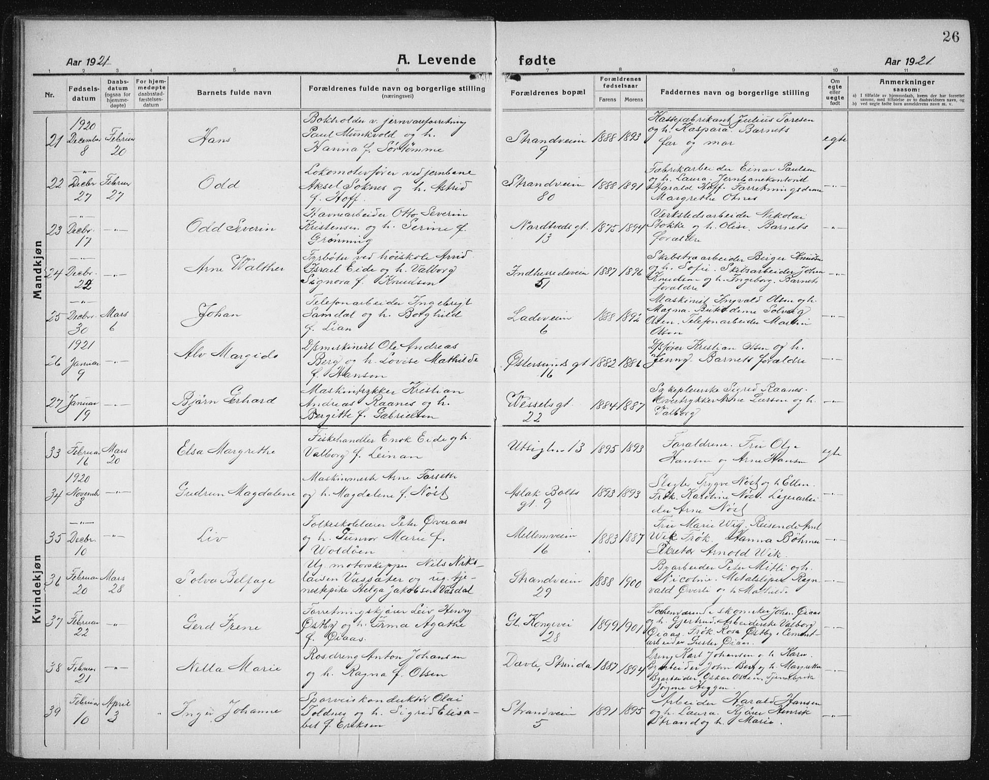 Ministerialprotokoller, klokkerbøker og fødselsregistre - Sør-Trøndelag, AV/SAT-A-1456/605/L0259: Parish register (copy) no. 605C06, 1920-1937, p. 26