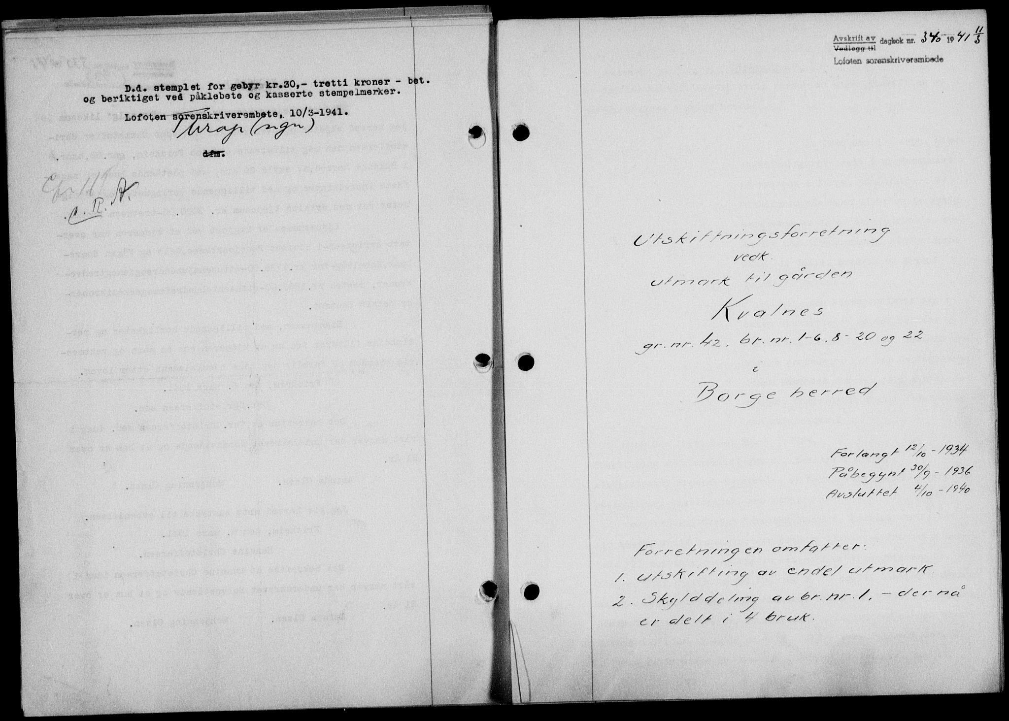 Lofoten sorenskriveri, SAT/A-0017/1/2/2C/L0008a: Mortgage book no. 8a, 1940-1941, Diary no: : 340/1941