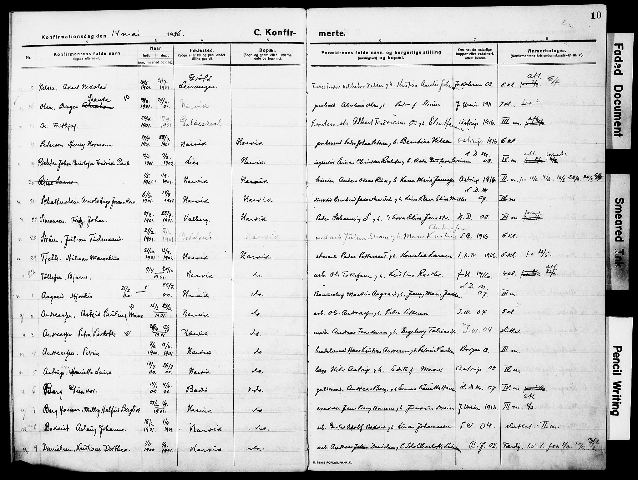 Ministerialprotokoller, klokkerbøker og fødselsregistre - Nordland, AV/SAT-A-1459/871/L0989: Parish register (official) no. 871A05, 1915-1922, p. 10