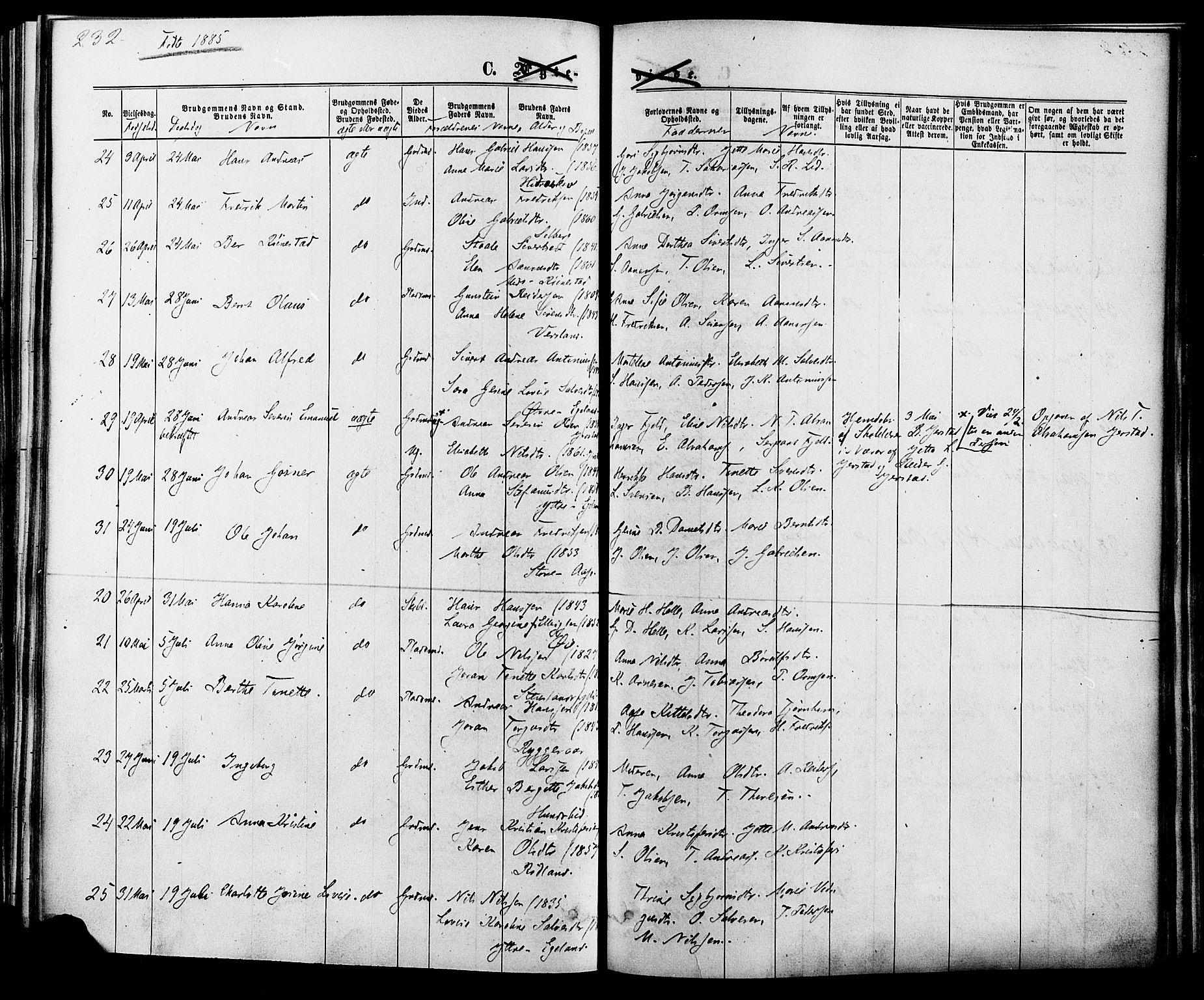 Kvinesdal sokneprestkontor, SAK/1111-0026/F/Fa/Fab/L0007: Parish register (official) no. A 7, 1870-1885, p. 232
