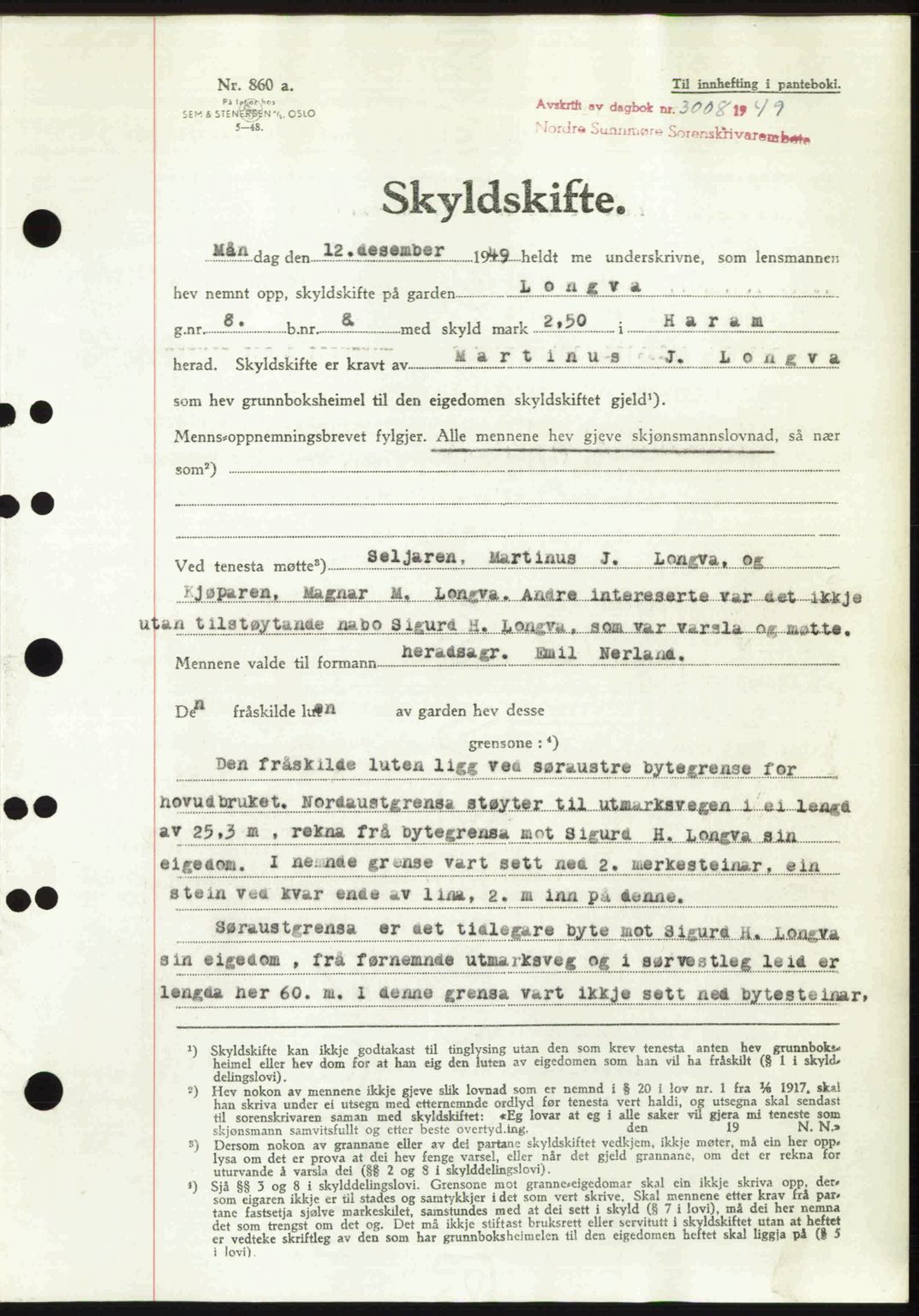 Nordre Sunnmøre sorenskriveri, AV/SAT-A-0006/1/2/2C/2Ca: Mortgage book no. A33, 1949-1950, Diary no: : 3008/1949