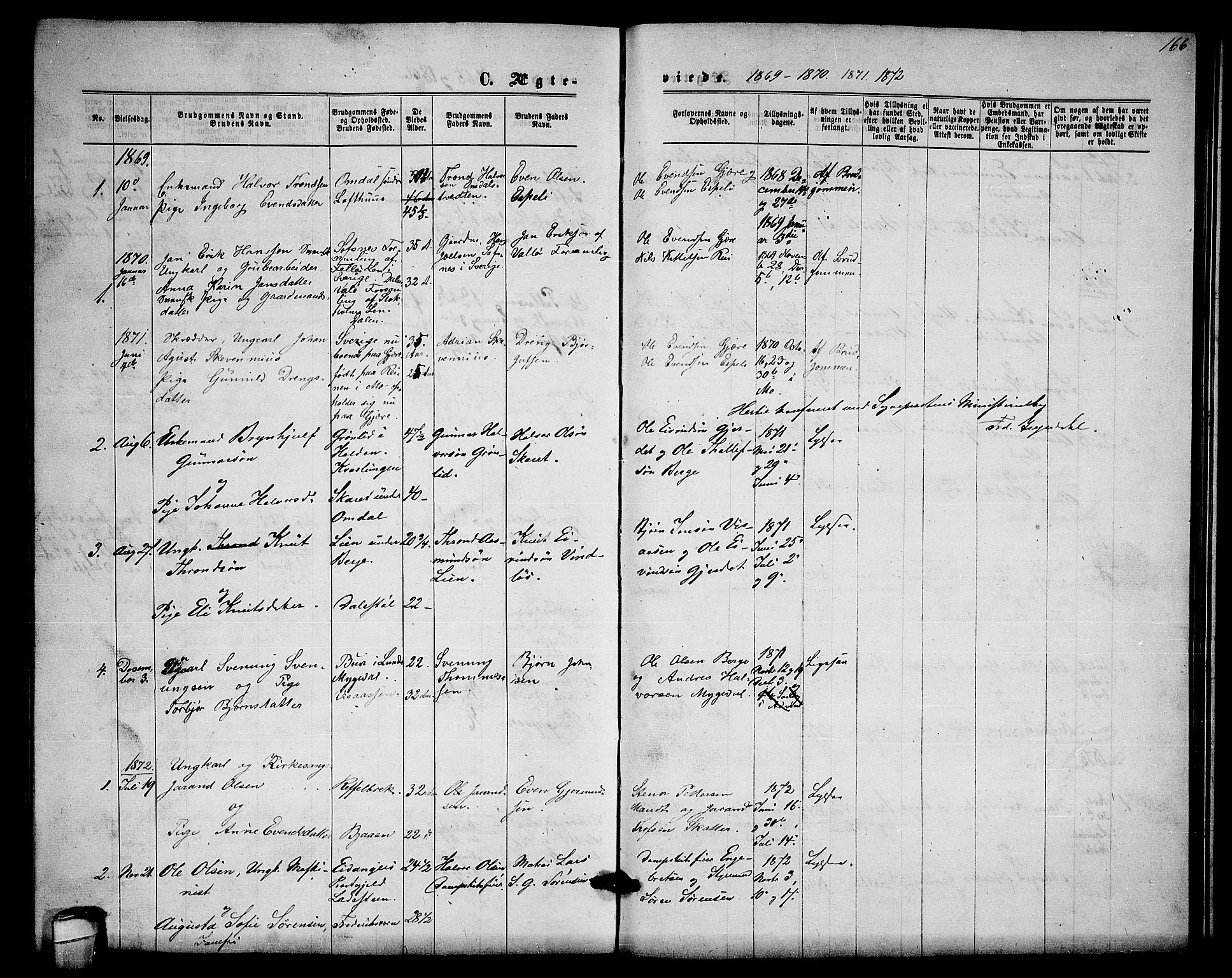 Lårdal kirkebøker, AV/SAKO-A-284/G/Gb/L0002: Parish register (copy) no. II 2, 1865-1888, p. 166