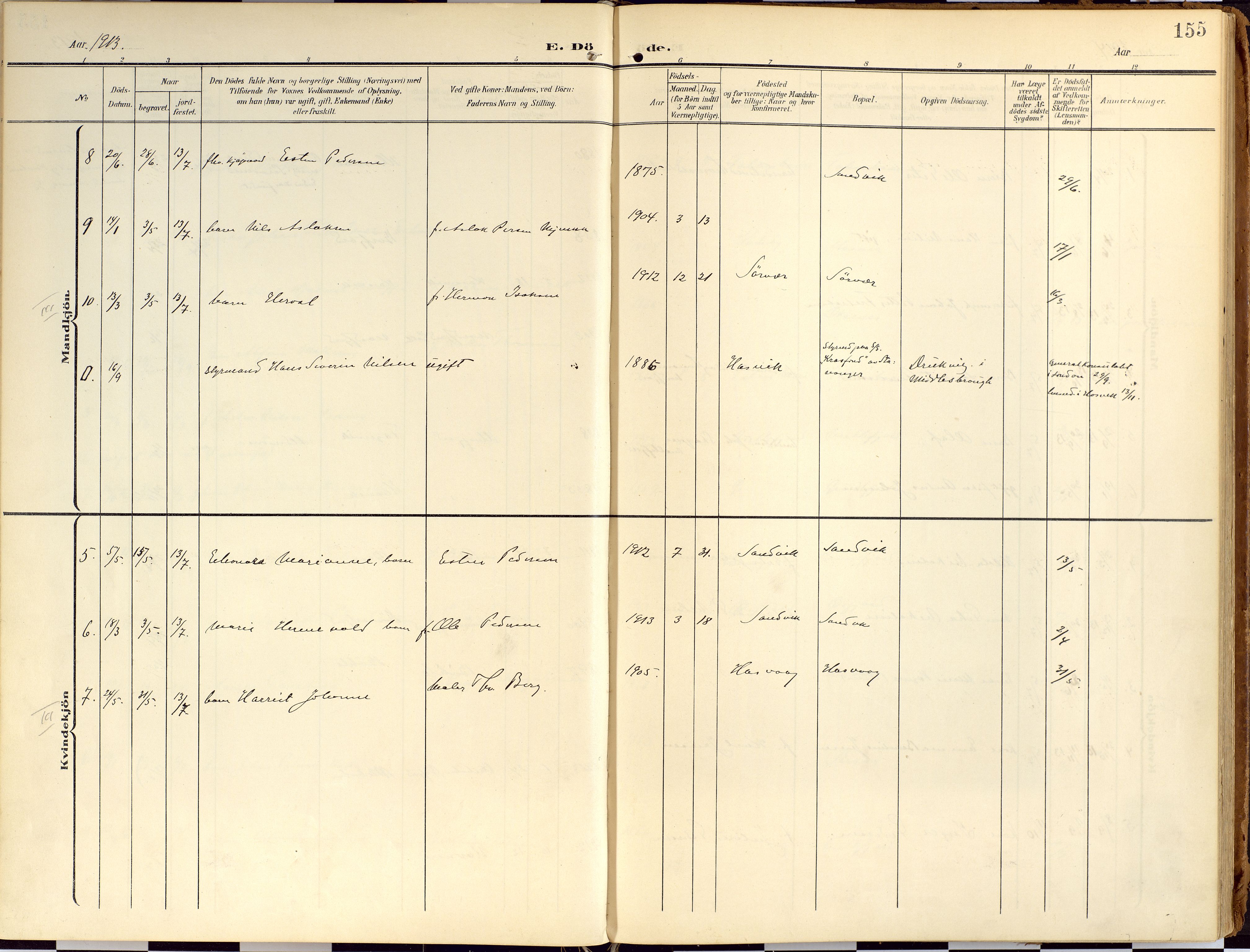 Loppa sokneprestkontor, AV/SATØ-S-1339/H/Ha/L0010kirke: Parish register (official) no. 10, 1907-1922, p. 155