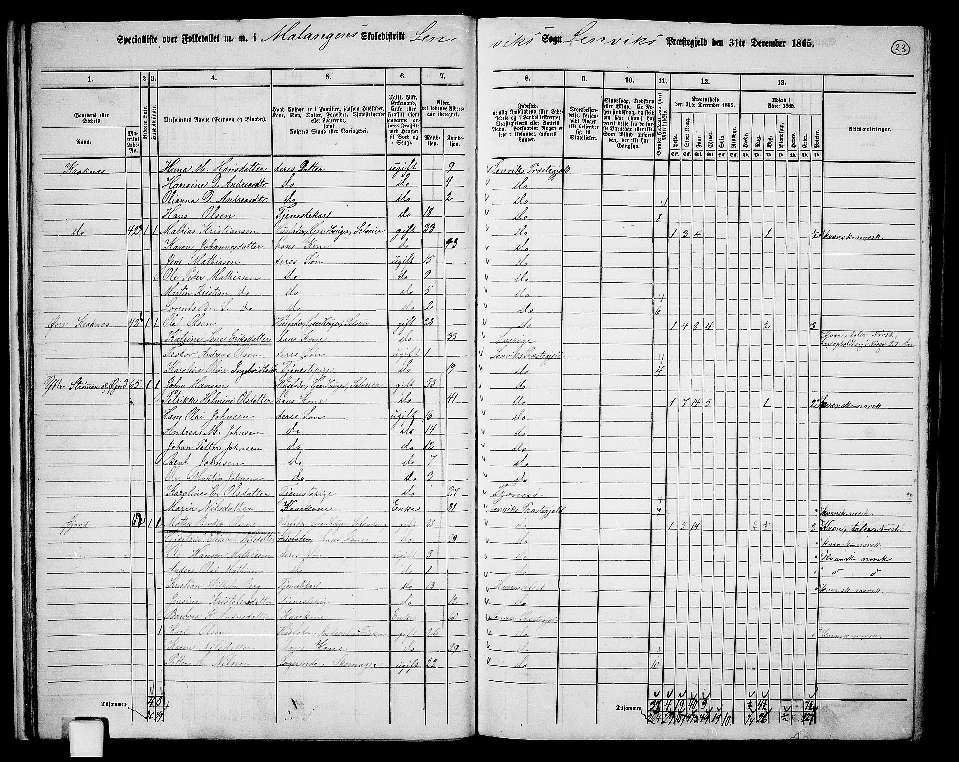 RA, 1865 census for Lenvik, 1865, p. 22