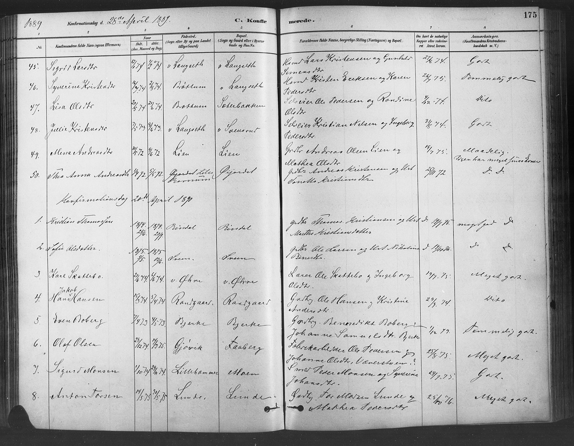 Fåberg prestekontor, SAH/PREST-086/H/Ha/Haa/L0009: Parish register (official) no. 9, 1879-1898, p. 175