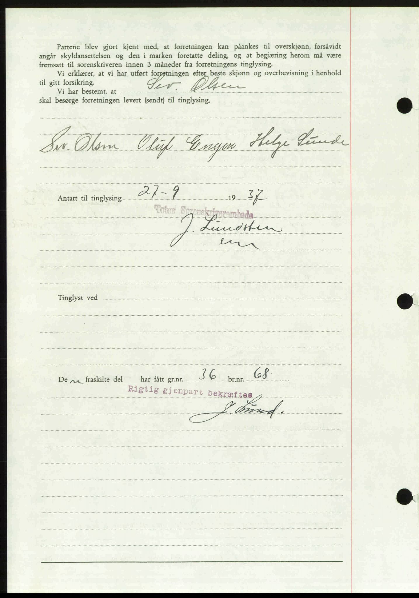 Toten tingrett, SAH/TING-006/H/Hb/Hbc/L0003: Mortgage book no. Hbc-03, 1937-1938, Diary no: : 2244/1937