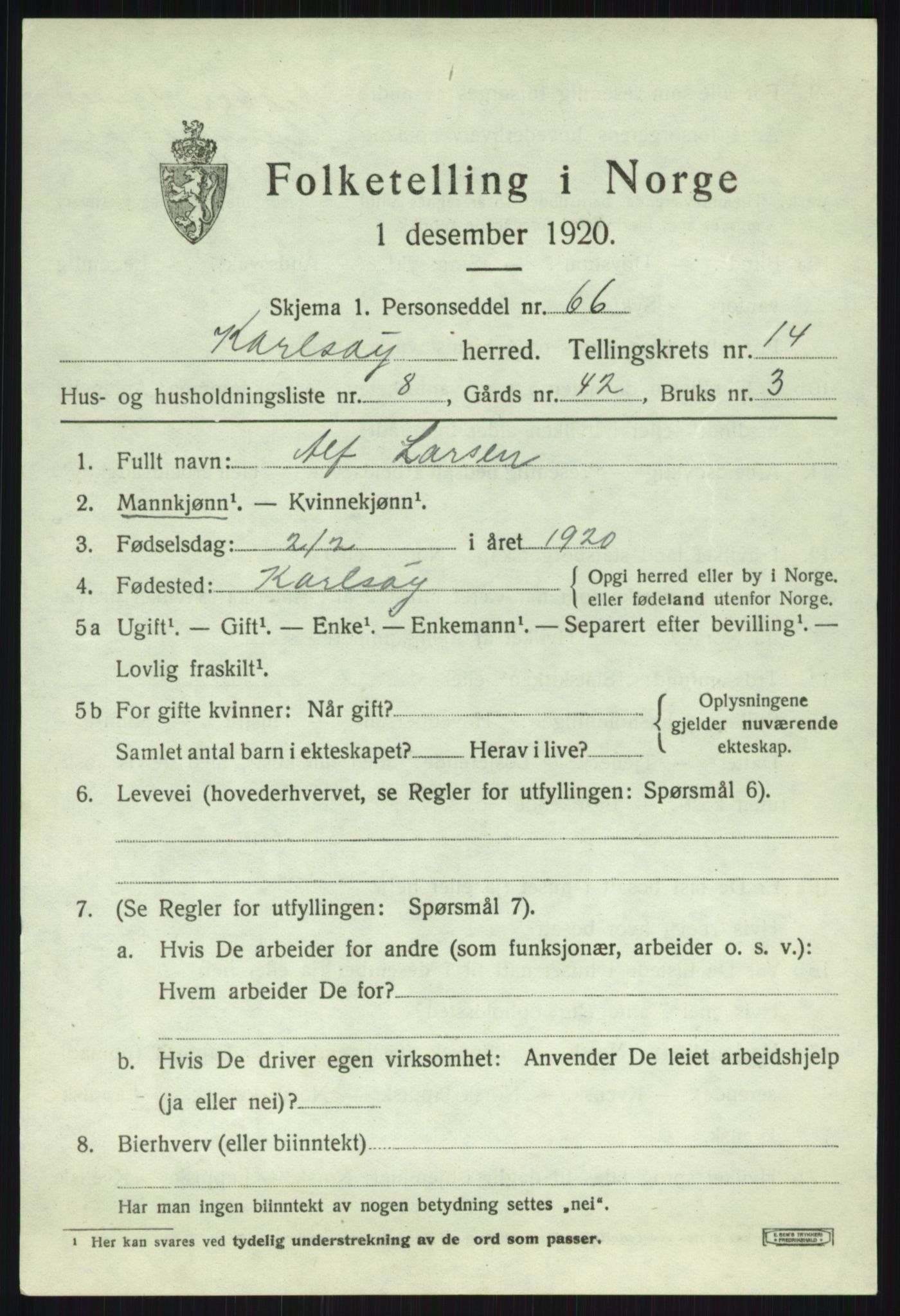 SATØ, 1920 census for Karlsøy, 1920, p. 5227