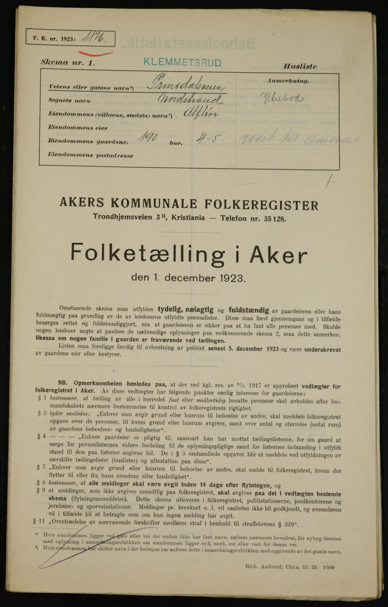 , Municipal Census 1923 for Aker, 1923, p. 43501