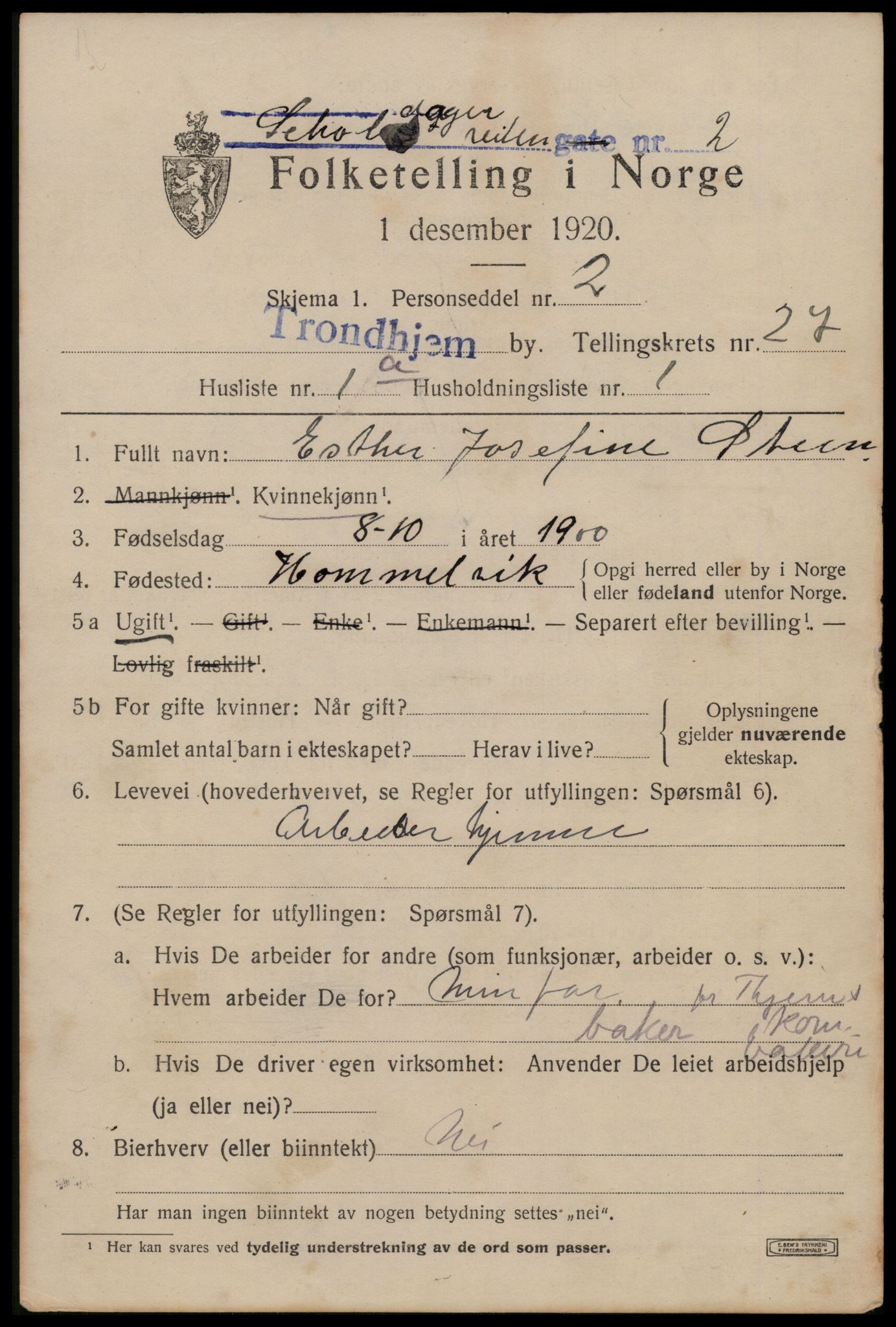 SAT, 1920 census for Trondheim, 1920, p. 69742