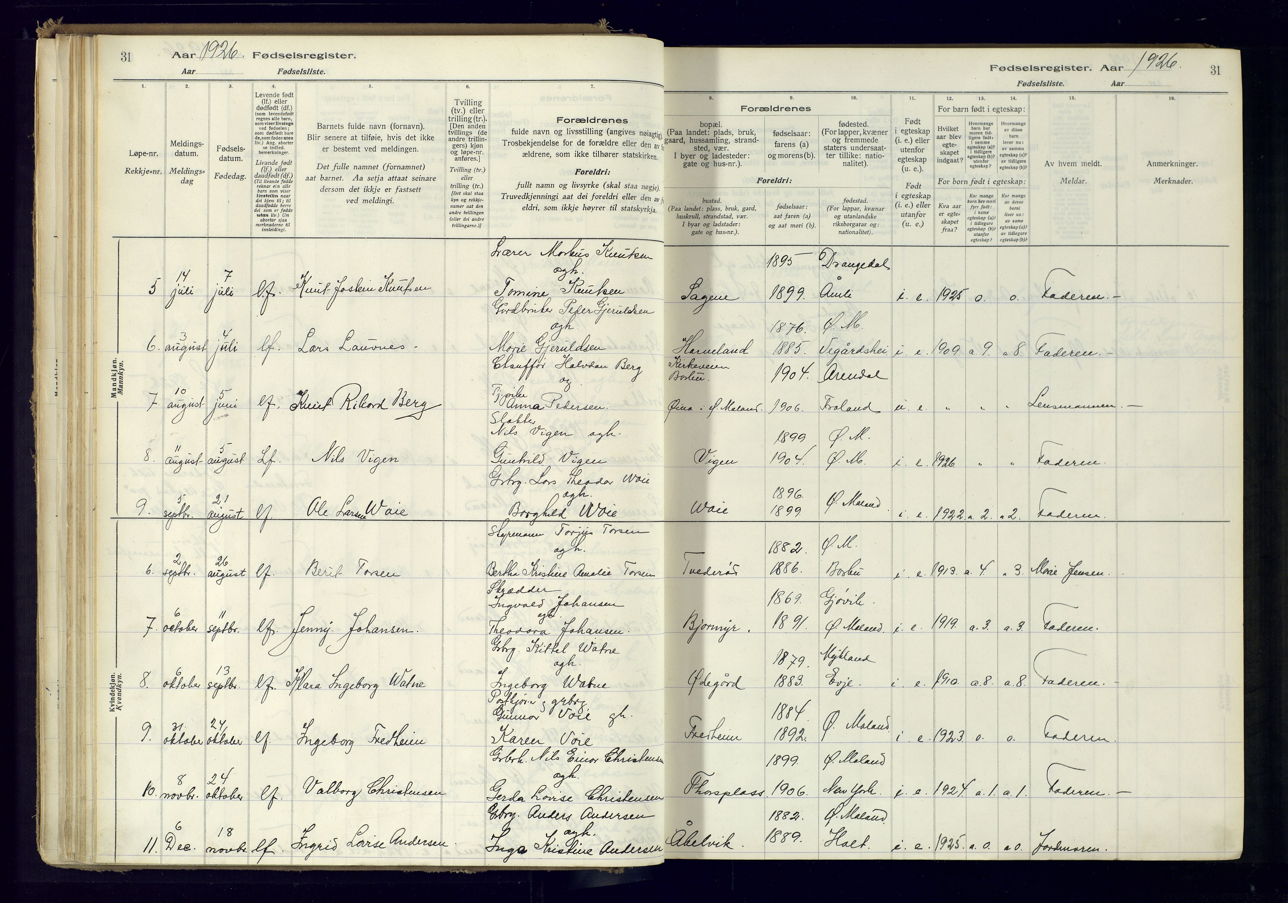 Austre Moland sokneprestkontor, AV/SAK-1111-0001/J/Ja/L0001: Birth register no. A-VI-25, 1916-1975, p. 31