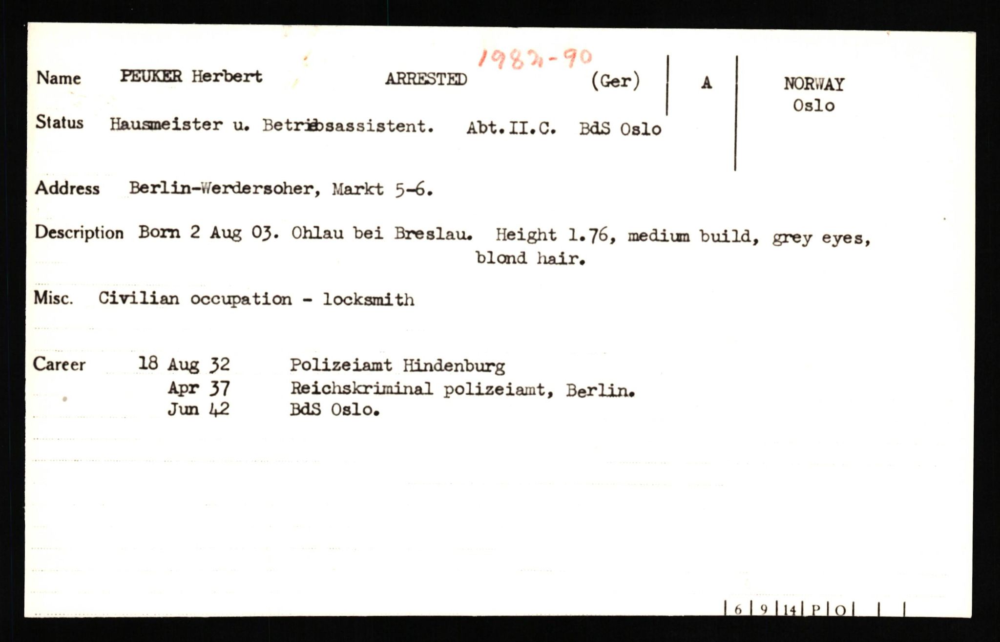 Forsvaret, Forsvarets overkommando II, AV/RA-RAFA-3915/D/Db/L0026: CI Questionaires. Tyske okkupasjonsstyrker i Norge. Tyskere., 1945-1946, p. 6