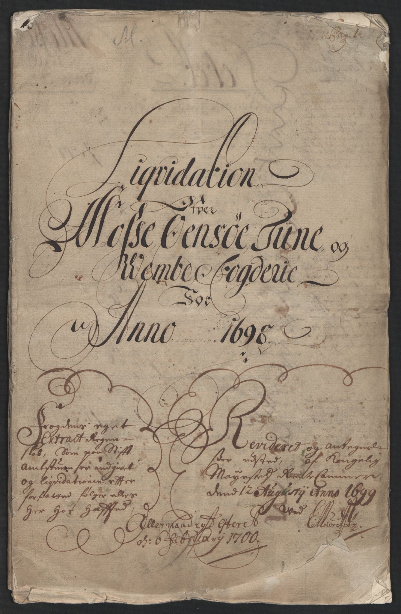 Rentekammeret inntil 1814, Reviderte regnskaper, Fogderegnskap, AV/RA-EA-4092/R04/L0126: Fogderegnskap Moss, Onsøy, Tune, Veme og Åbygge, 1698, p. 2