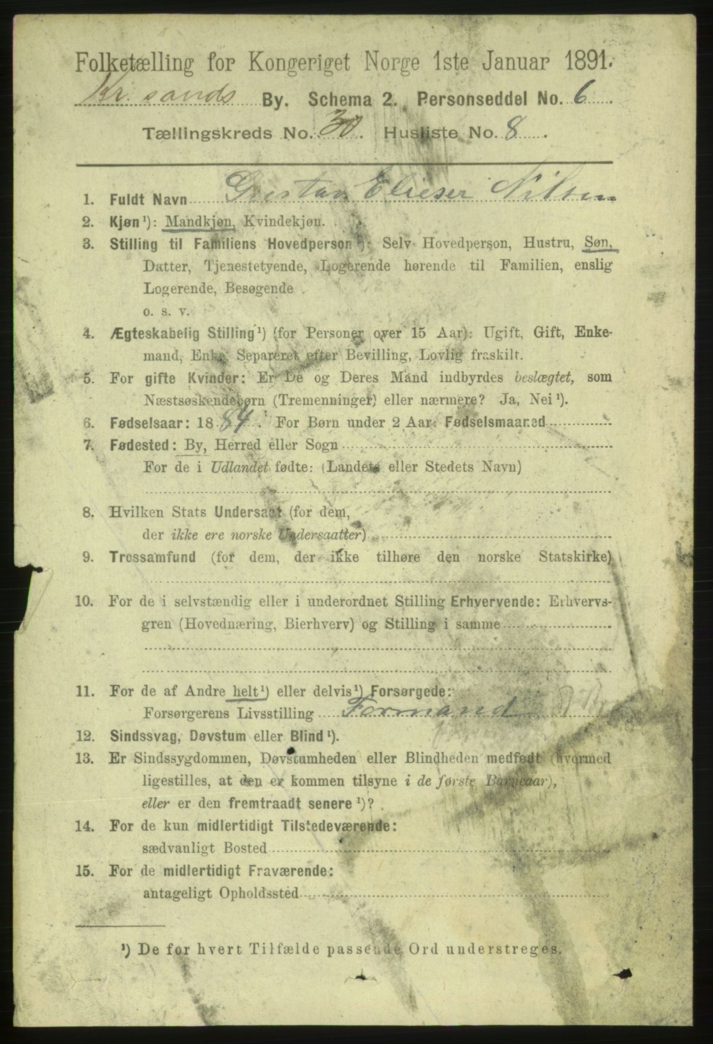 RA, 1891 census for 1001 Kristiansand, 1891, p. 9716