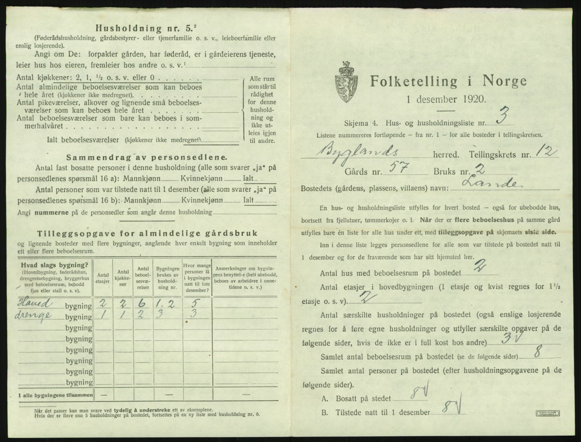 SAK, 1920 census for Bygland, 1920, p. 715