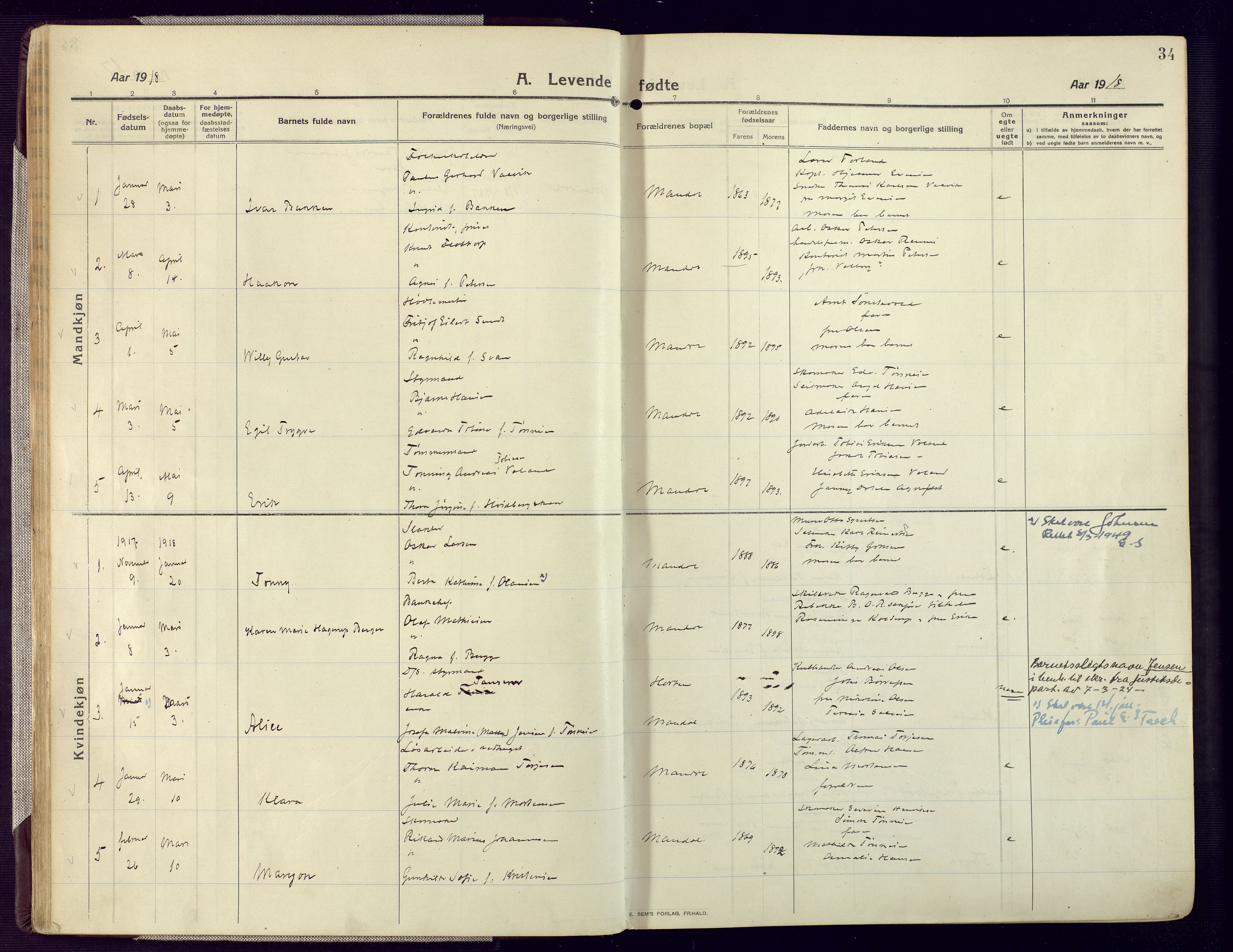 Mandal sokneprestkontor, SAK/1111-0030/F/Fa/Fac/L0001: Parish register (official) no. A 1, 1913-1925, p. 34