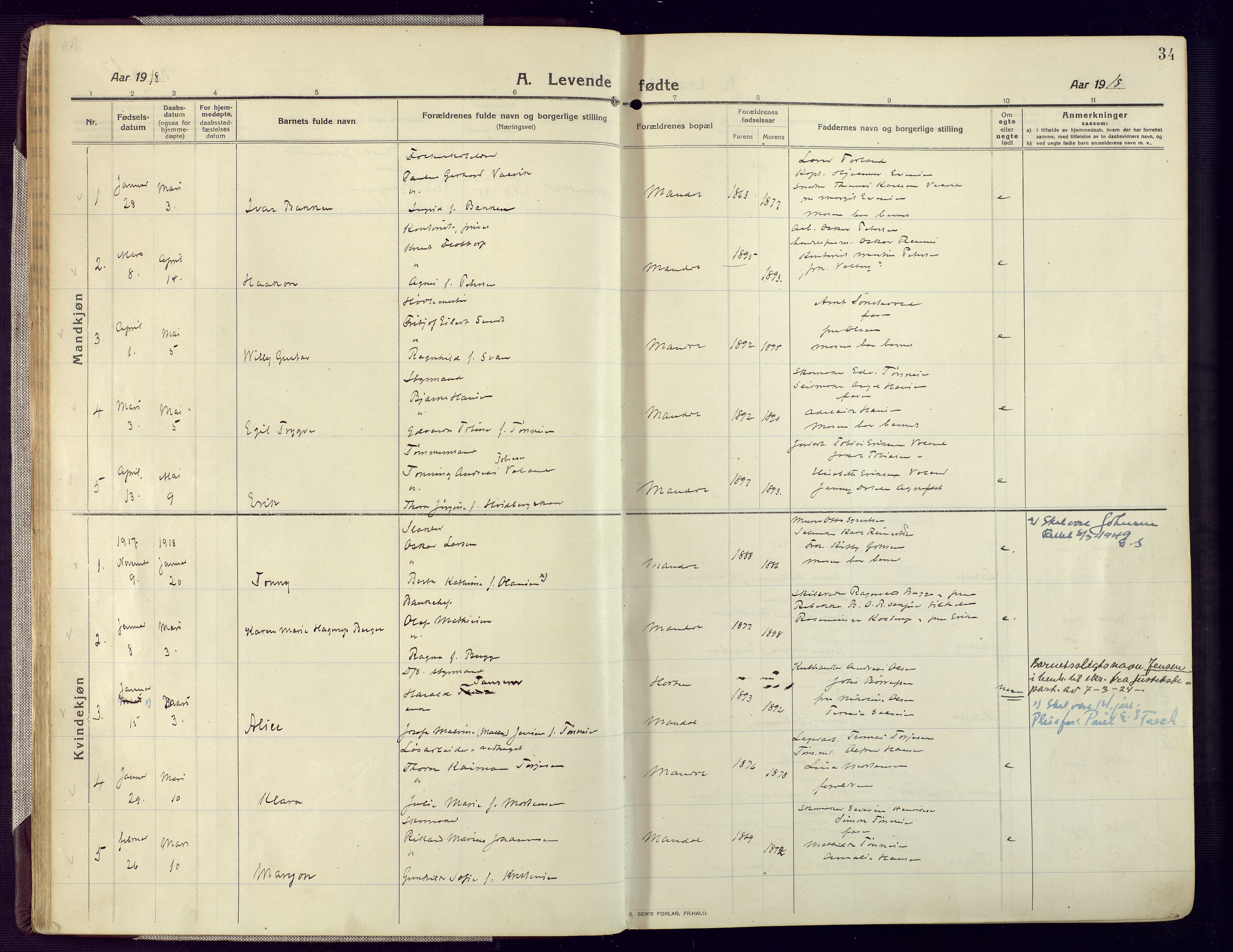 Mandal sokneprestkontor, AV/SAK-1111-0030/F/Fa/Fac/L0001: Parish register (official) no. A 1, 1913-1925, p. 34