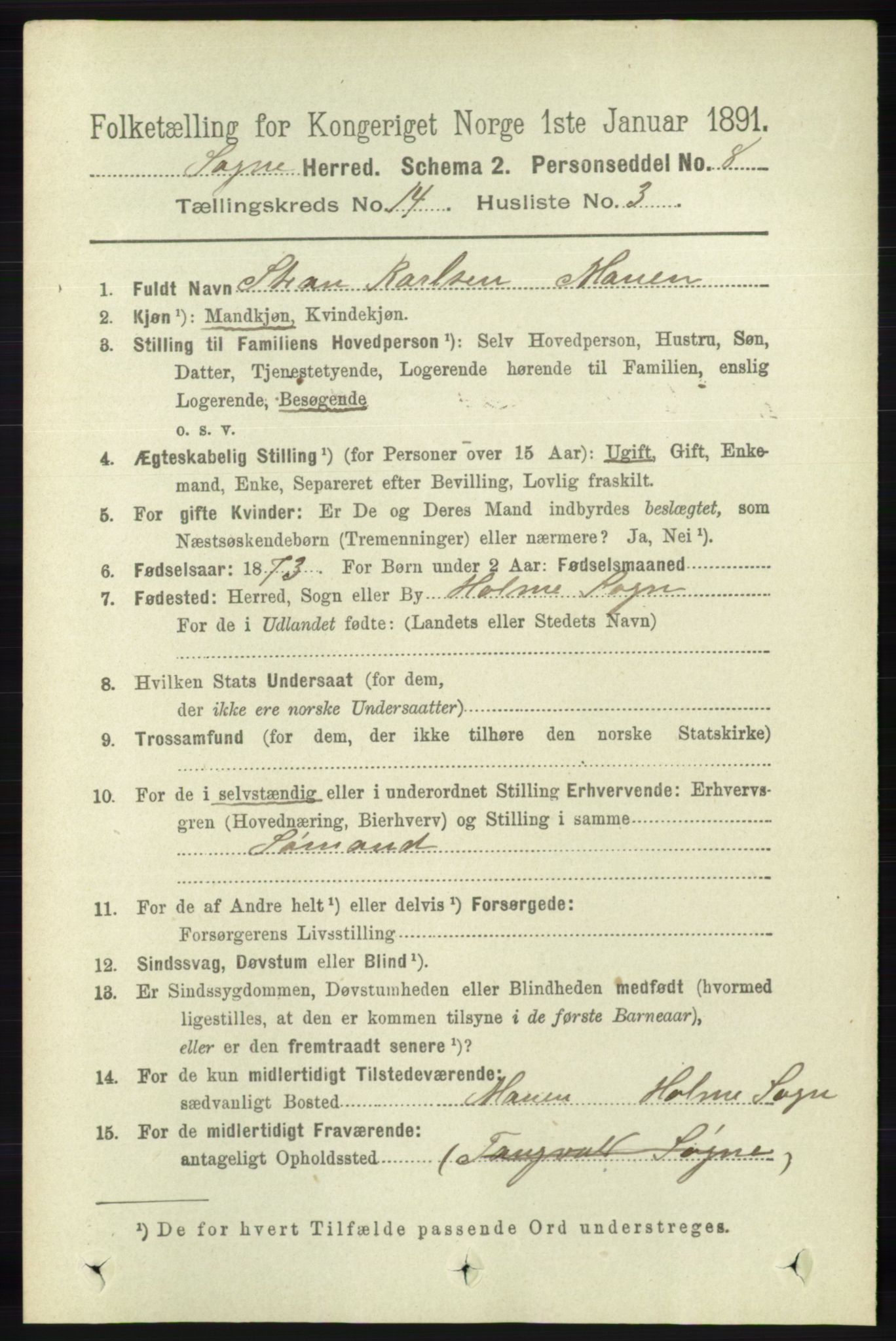 RA, 1891 census for 1018 Søgne, 1891, p. 3420