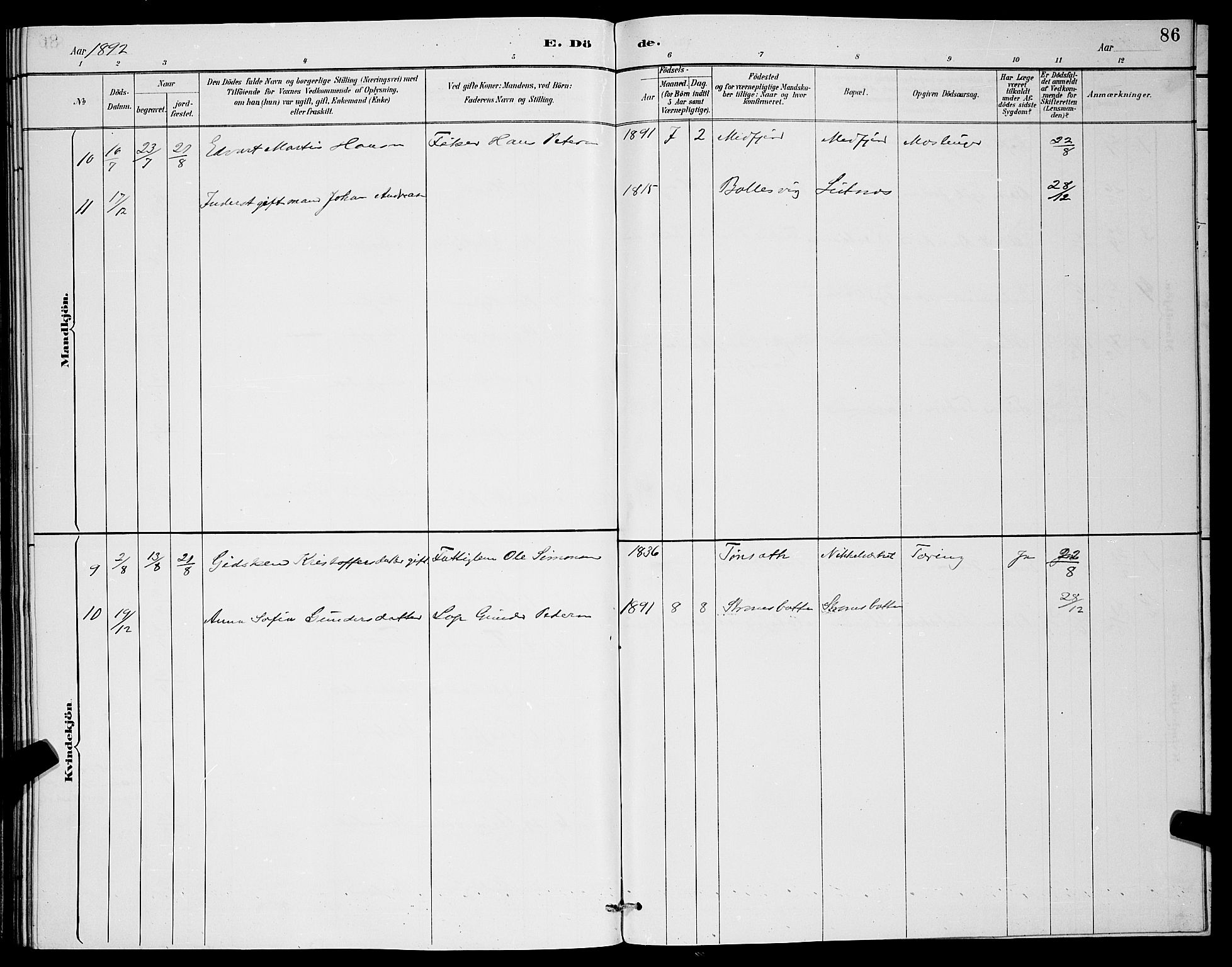 Berg sokneprestkontor, AV/SATØ-S-1318/G/Ga/Gab/L0004klokker: Parish register (copy) no. 4, 1887-1897, p. 86