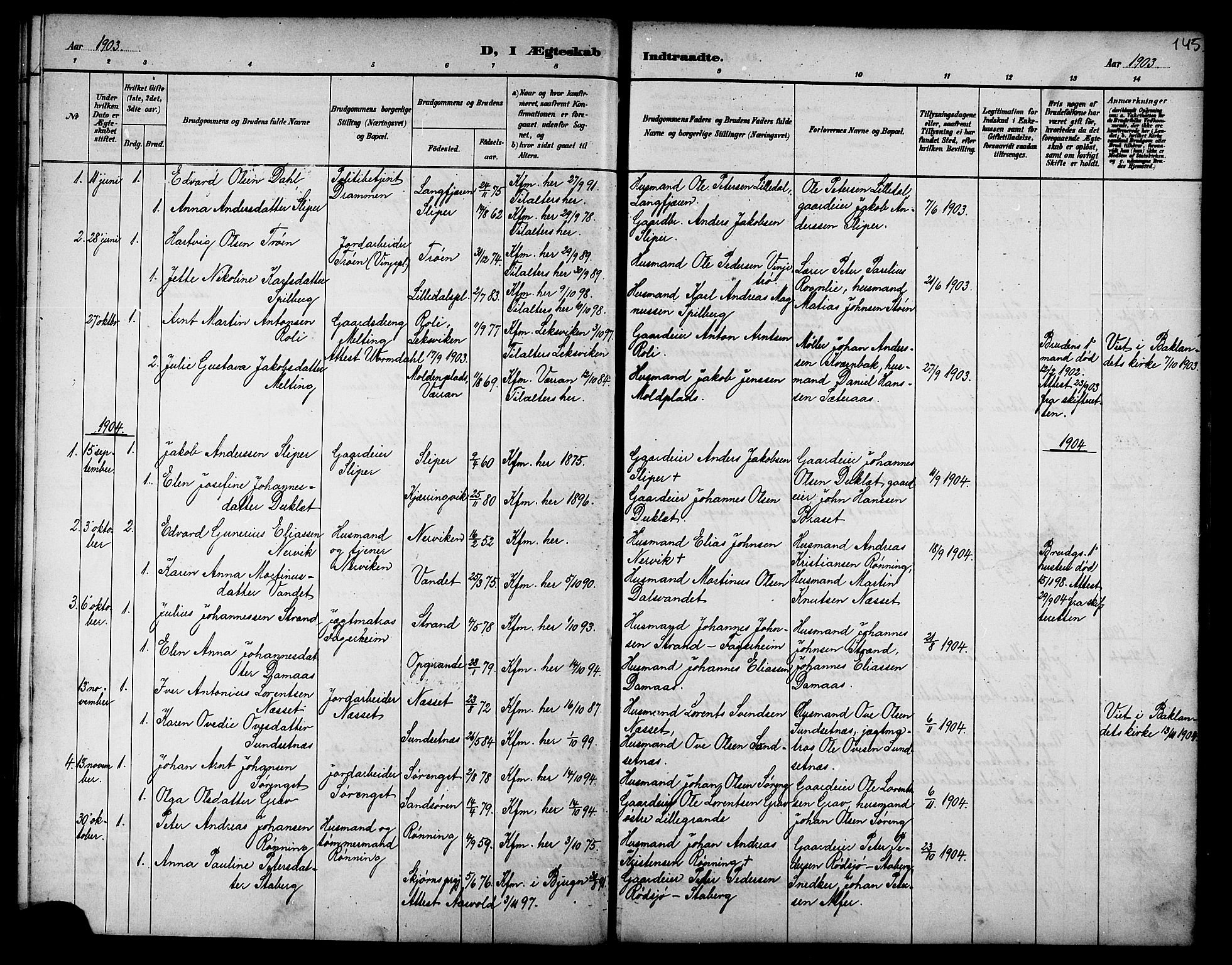 Ministerialprotokoller, klokkerbøker og fødselsregistre - Nord-Trøndelag, SAT/A-1458/733/L0327: Parish register (copy) no. 733C02, 1888-1918, p. 145