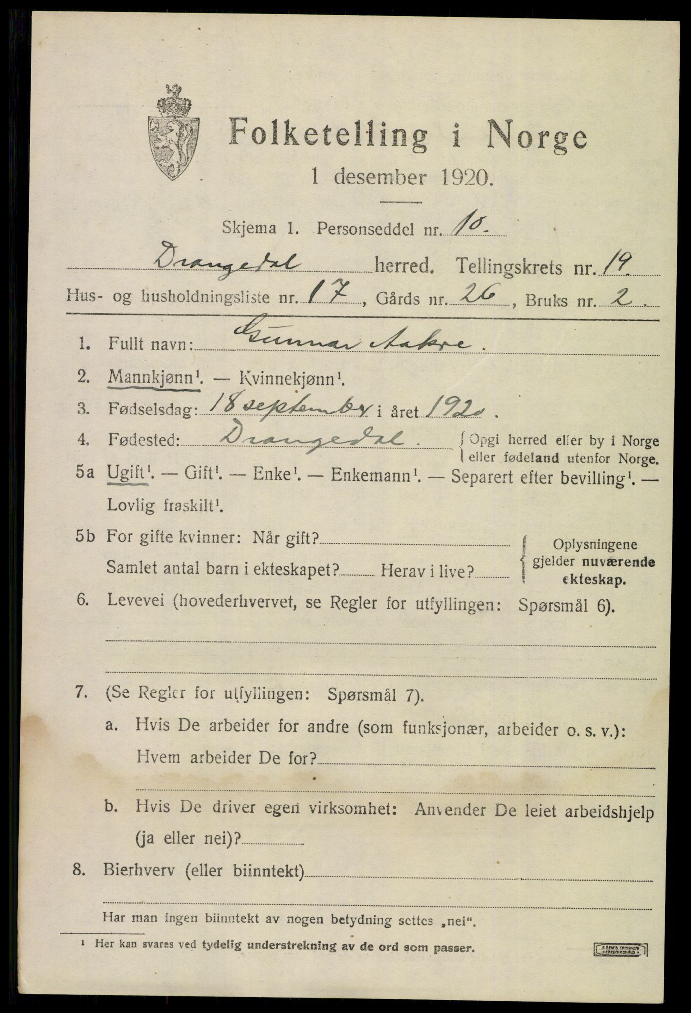 SAKO, 1920 census for Drangedal, 1920, p. 8693