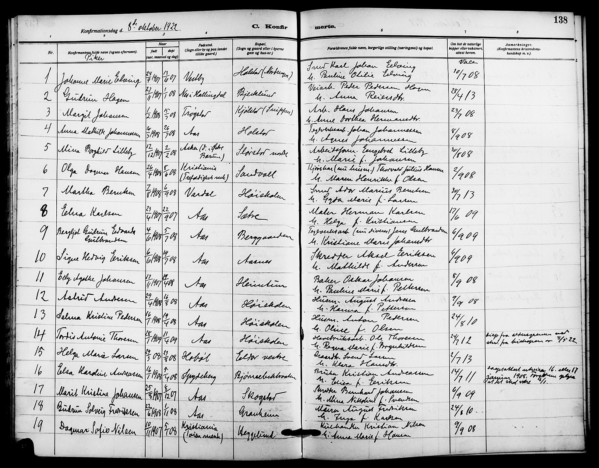 Ås prestekontor Kirkebøker, SAO/A-10894/G/Ga/L0005: Parish register (copy) no. I 5, 1916-1924, p. 138