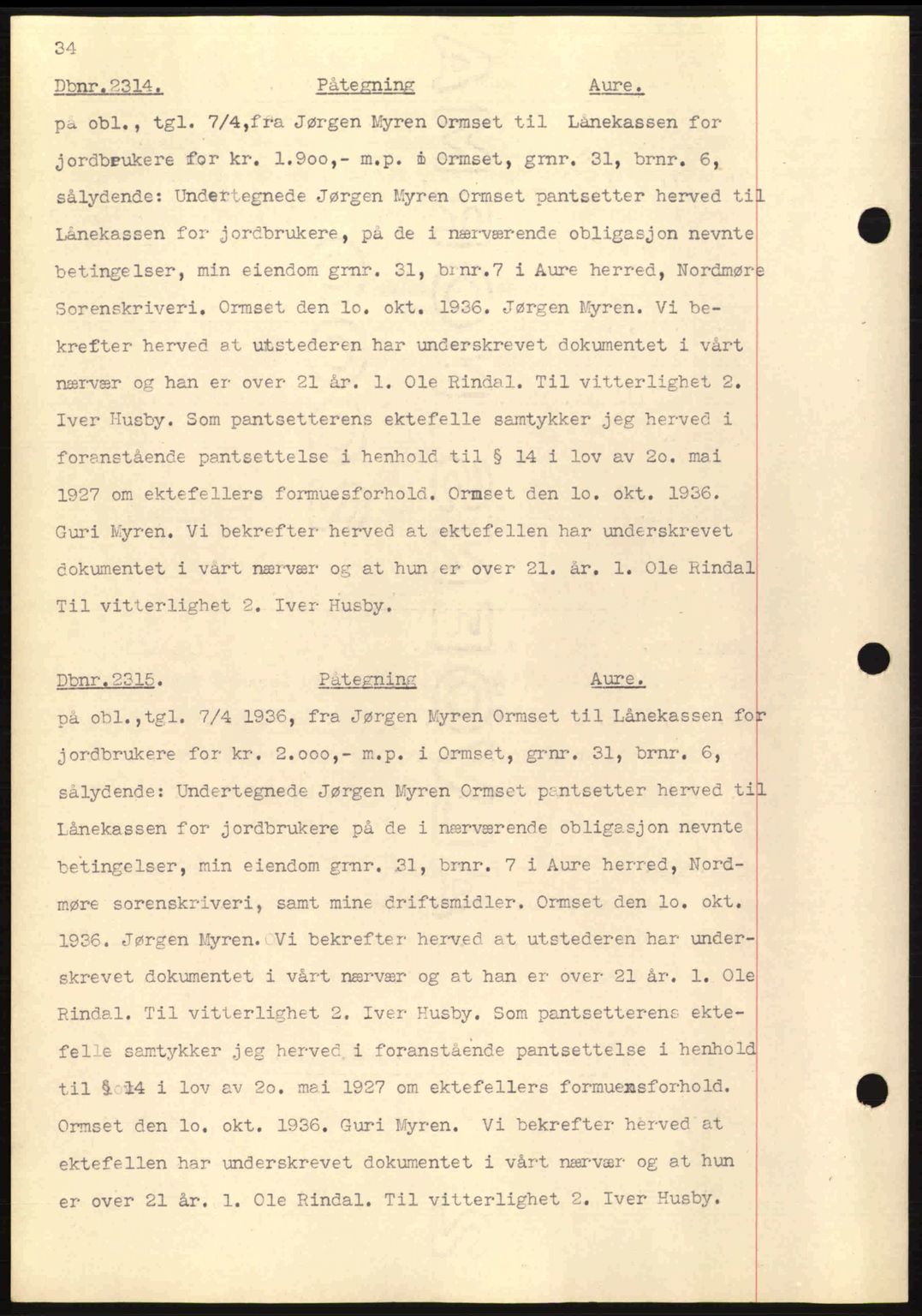 Nordmøre sorenskriveri, AV/SAT-A-4132/1/2/2Ca: Mortgage book no. C80, 1936-1939, Diary no: : 2314/1936