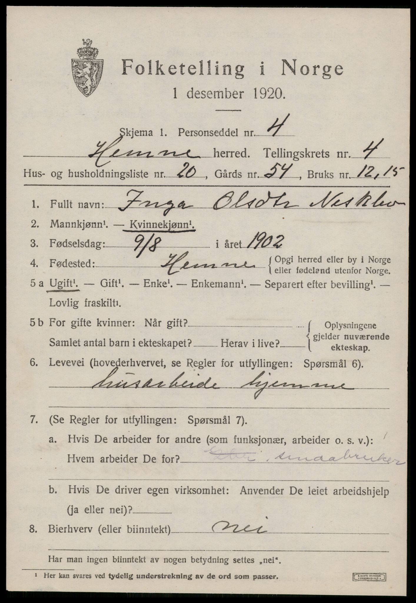 SAT, 1920 census for Hemne, 1920, p. 3094