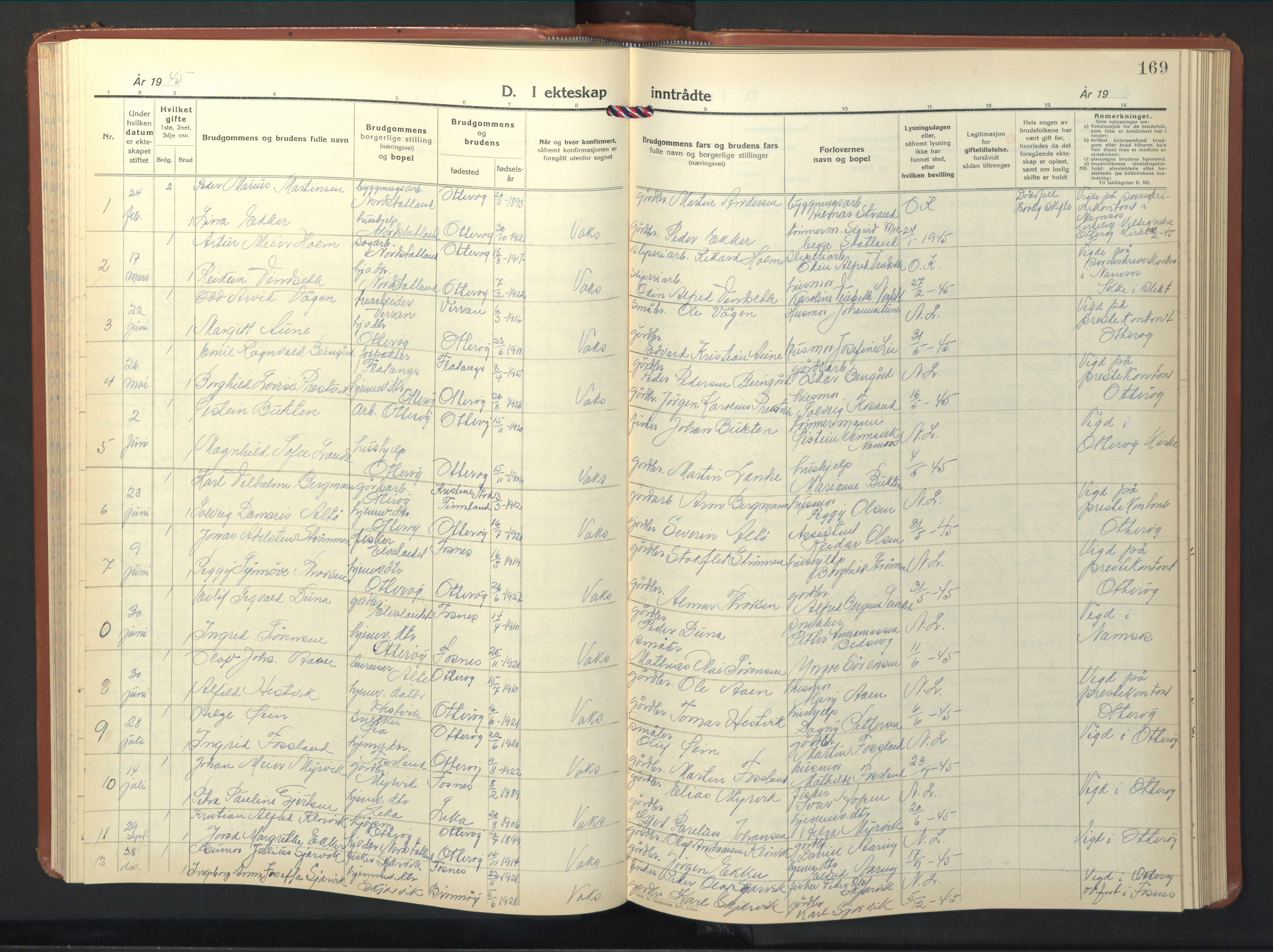 Ministerialprotokoller, klokkerbøker og fødselsregistre - Nord-Trøndelag, SAT/A-1458/774/L0631: Parish register (copy) no. 774C02, 1934-1950, p. 169
