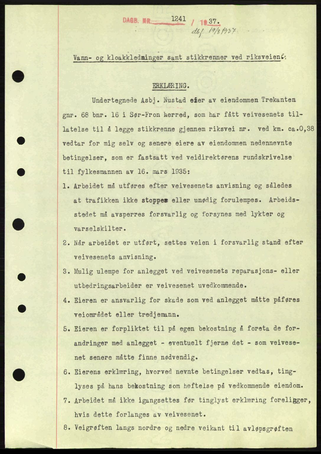 Sør-Gudbrandsdal tingrett, SAH/TING-004/H/Hb/Hbe/L0001: Mortgage book no. B1, 1936-1939, Diary no: : 1241/1937