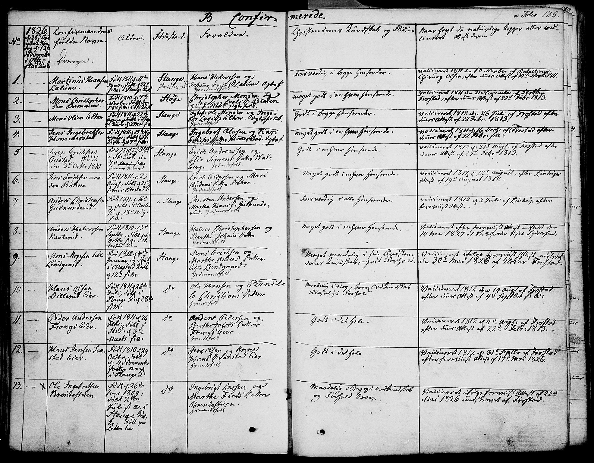 Stange prestekontor, SAH/PREST-002/K/L0009: Parish register (official) no. 9, 1826-1835, p. 186
