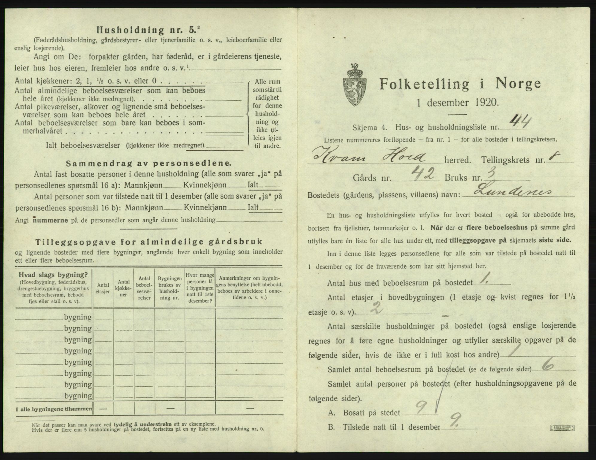 SAB, 1920 census for Kvam, 1920, p. 727