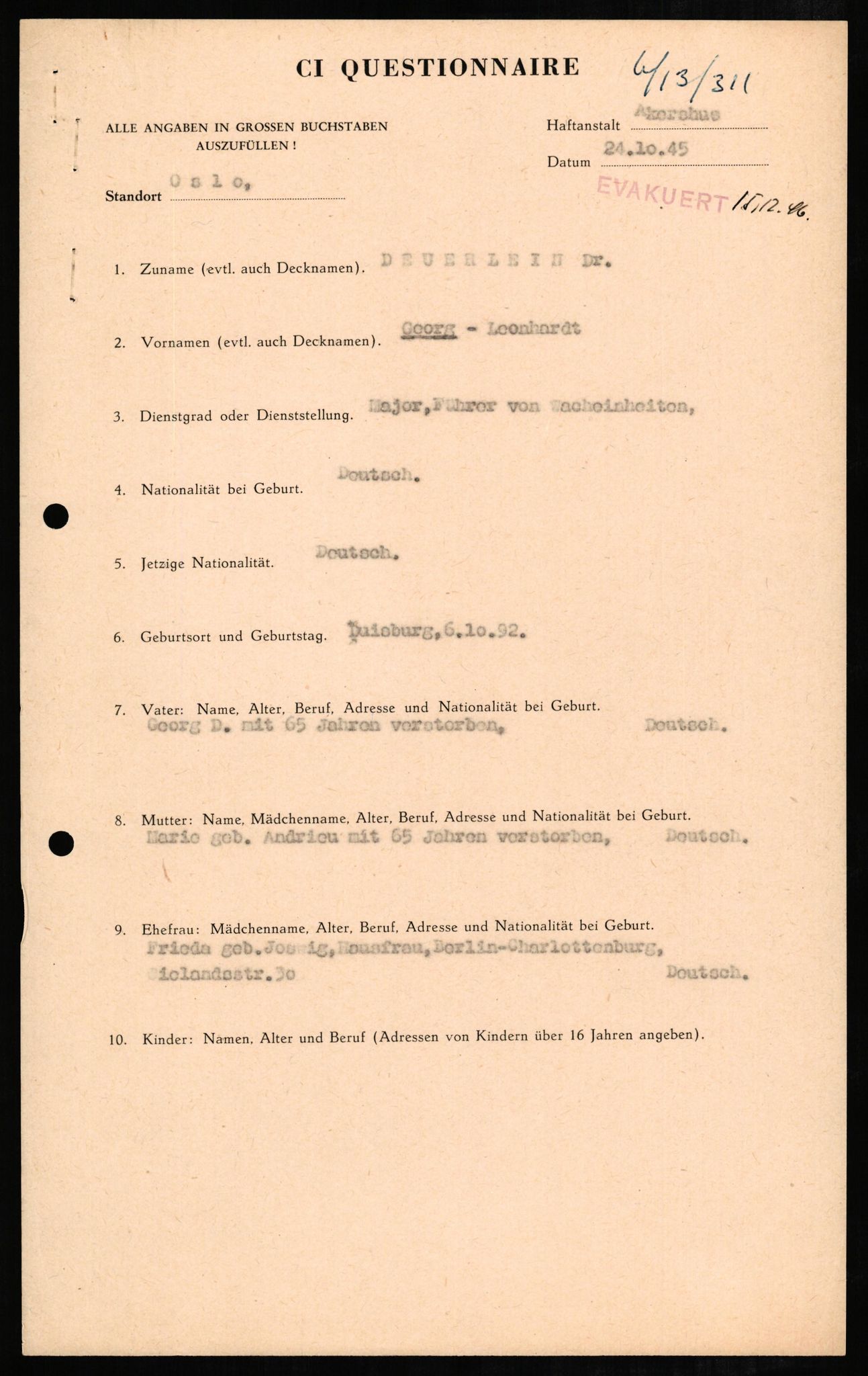 Forsvaret, Forsvarets overkommando II, RA/RAFA-3915/D/Db/L0005: CI Questionaires. Tyske okkupasjonsstyrker i Norge. Tyskere., 1945-1946, p. 472