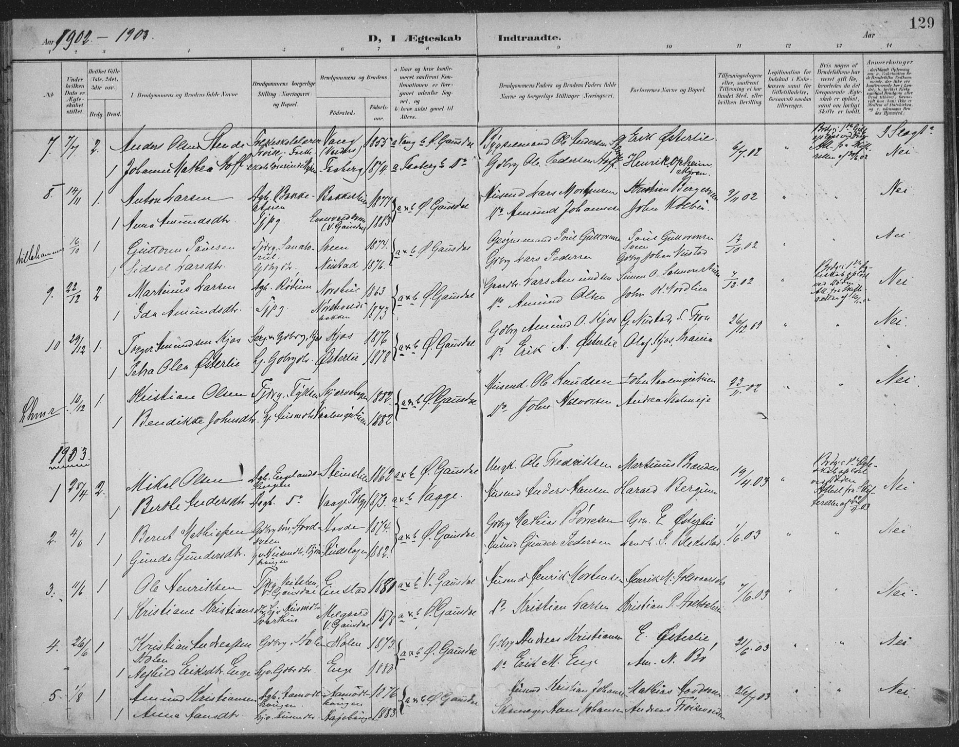 Østre Gausdal prestekontor, SAH/PREST-092/H/Ha/Haa/L0004: Parish register (official) no. 4, 1898-1914, p. 129
