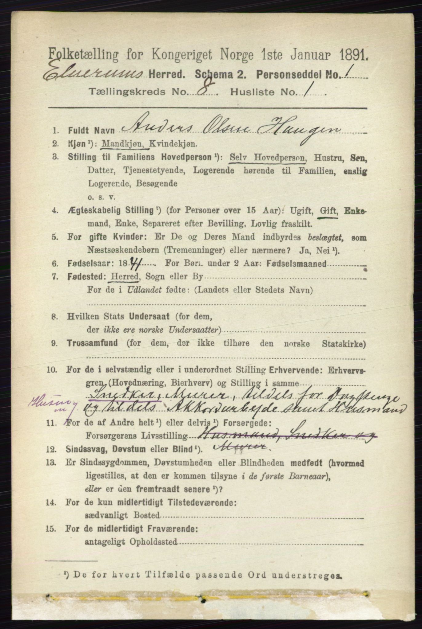 RA, 1891 census for 0427 Elverum, 1891, p. 7025