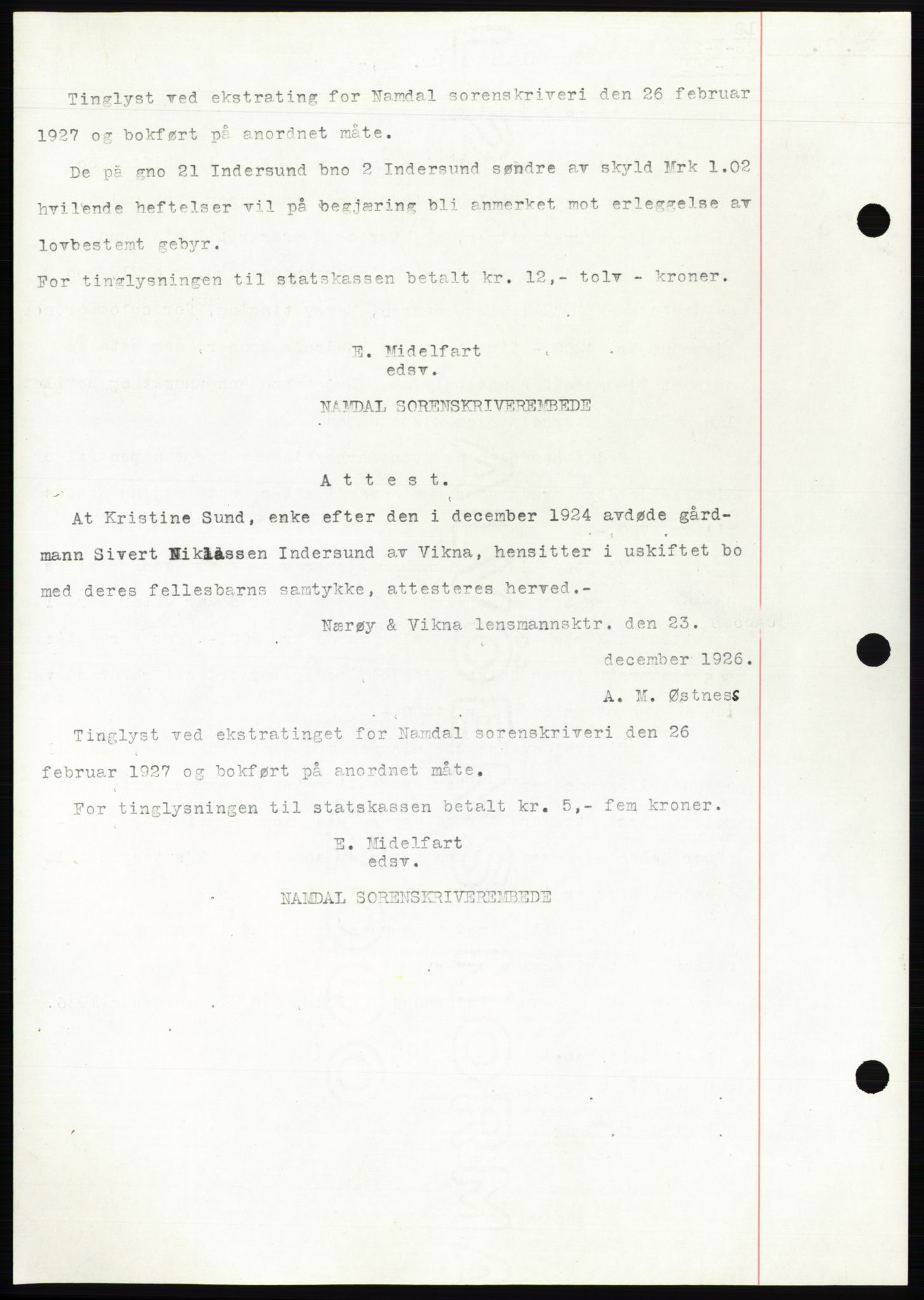 Namdal sorenskriveri, SAT/A-4133/1/2/2C: Mortgage book no. -, 1926-1930, Deed date: 26.02.1927
