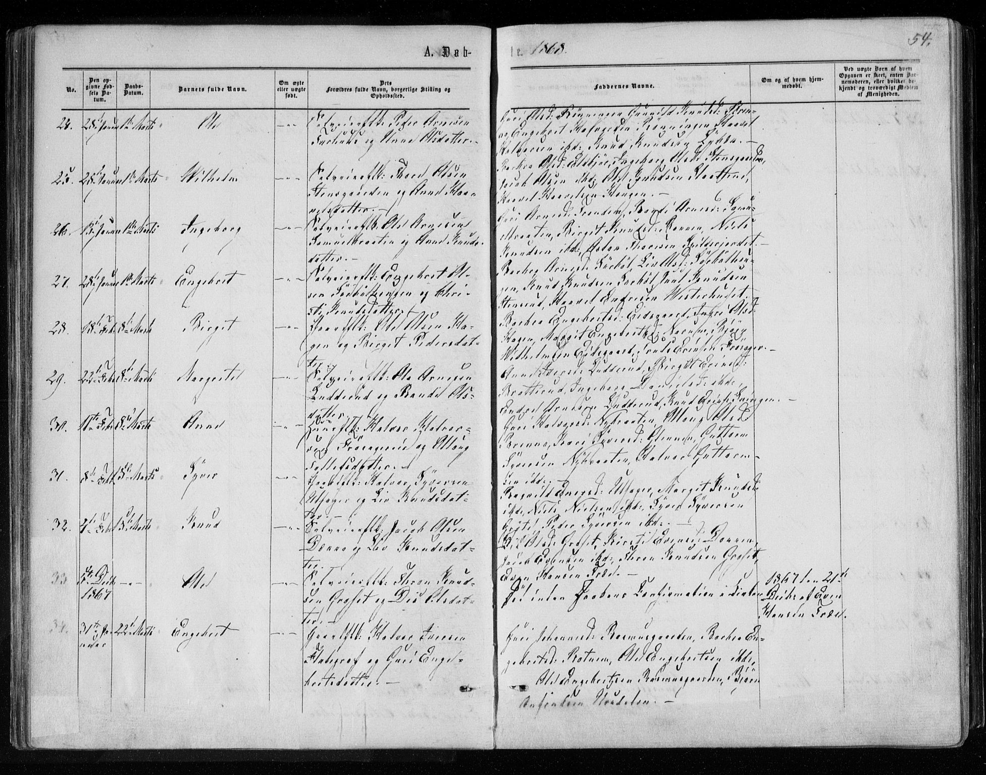 Gol kirkebøker, AV/SAKO-A-226/F/Fa/L0003: Parish register (official) no. I 3, 1863-1875, p. 54