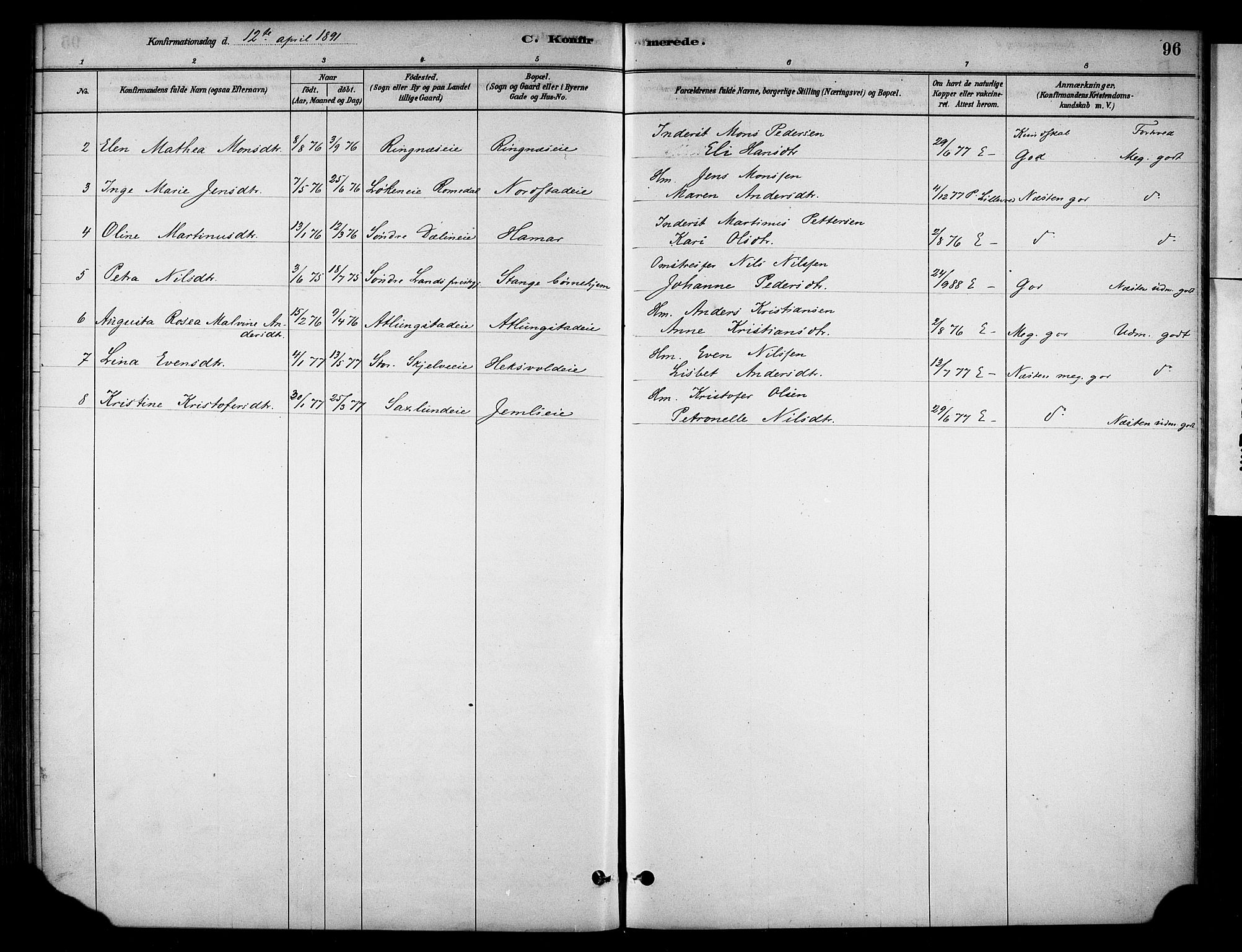 Stange prestekontor, SAH/PREST-002/K/L0019: Parish register (official) no. 19, 1880-1891, p. 96
