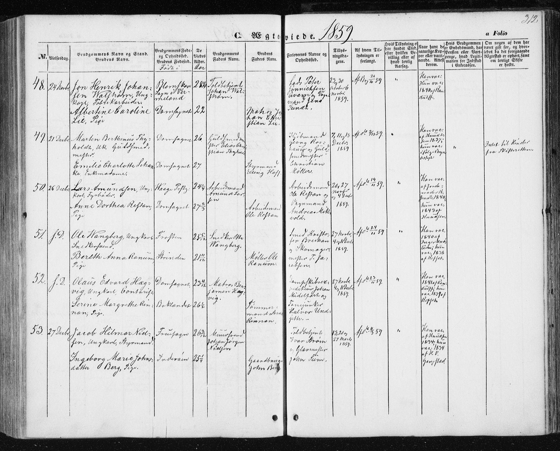 Ministerialprotokoller, klokkerbøker og fødselsregistre - Sør-Trøndelag, SAT/A-1456/602/L0112: Parish register (official) no. 602A10, 1848-1859, p. 312