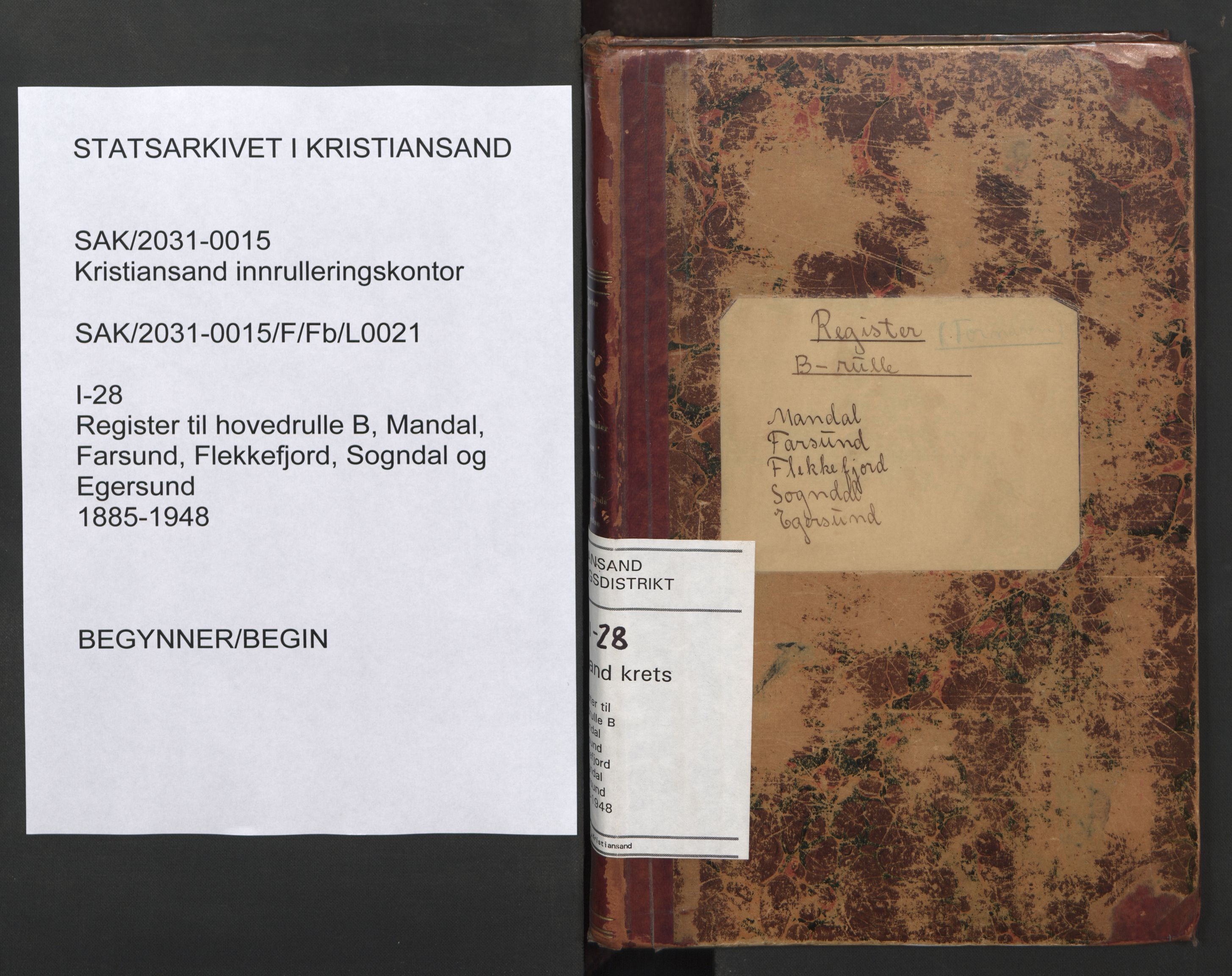 Kristiansand mønstringskrets, SAK/2031-0015/F/Fb/L0021: Register til hovedrulle B Mandal, Farsund, Flekkefjord, Sogndal og Egersund, I-28, 1885-1948, p. 1