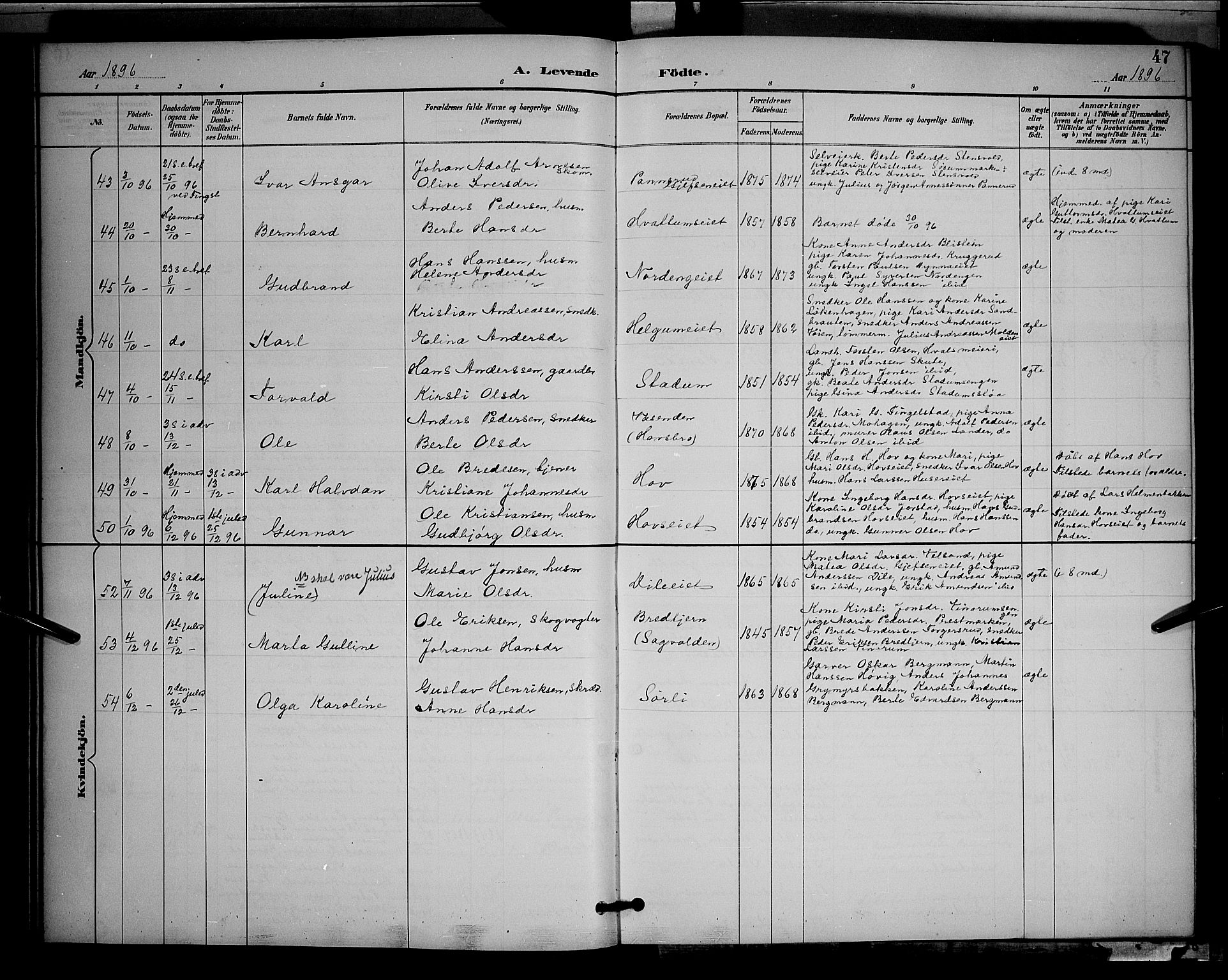 Gran prestekontor, AV/SAH-PREST-112/H/Ha/Hab/L0005: Parish register (copy) no. 5, 1892-1900, p. 47