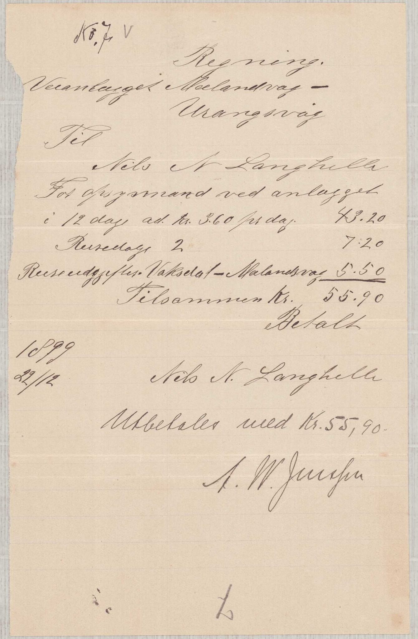 Finnaas kommune. Formannskapet, IKAH/1218a-021/E/Ea/L0002/0001: Rekneskap for veganlegg / Rekneskap for veganlegget Urangsvåg - Mælandsvåg, 1898-1900, p. 102