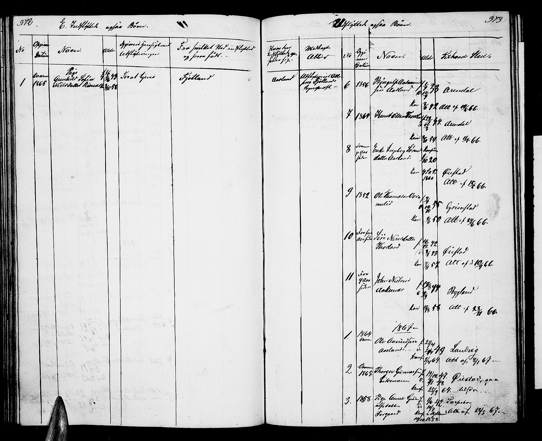 Åseral sokneprestkontor, AV/SAK-1111-0051/F/Fb/L0001: Parish register (copy) no. B 1, 1856-1877, p. 372-373