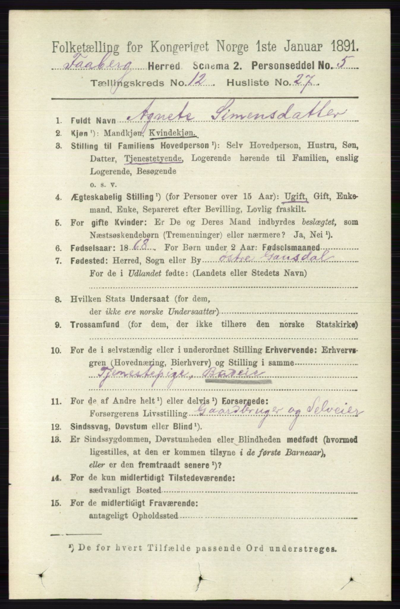 RA, 1891 census for 0524 Fåberg, 1891, p. 4909