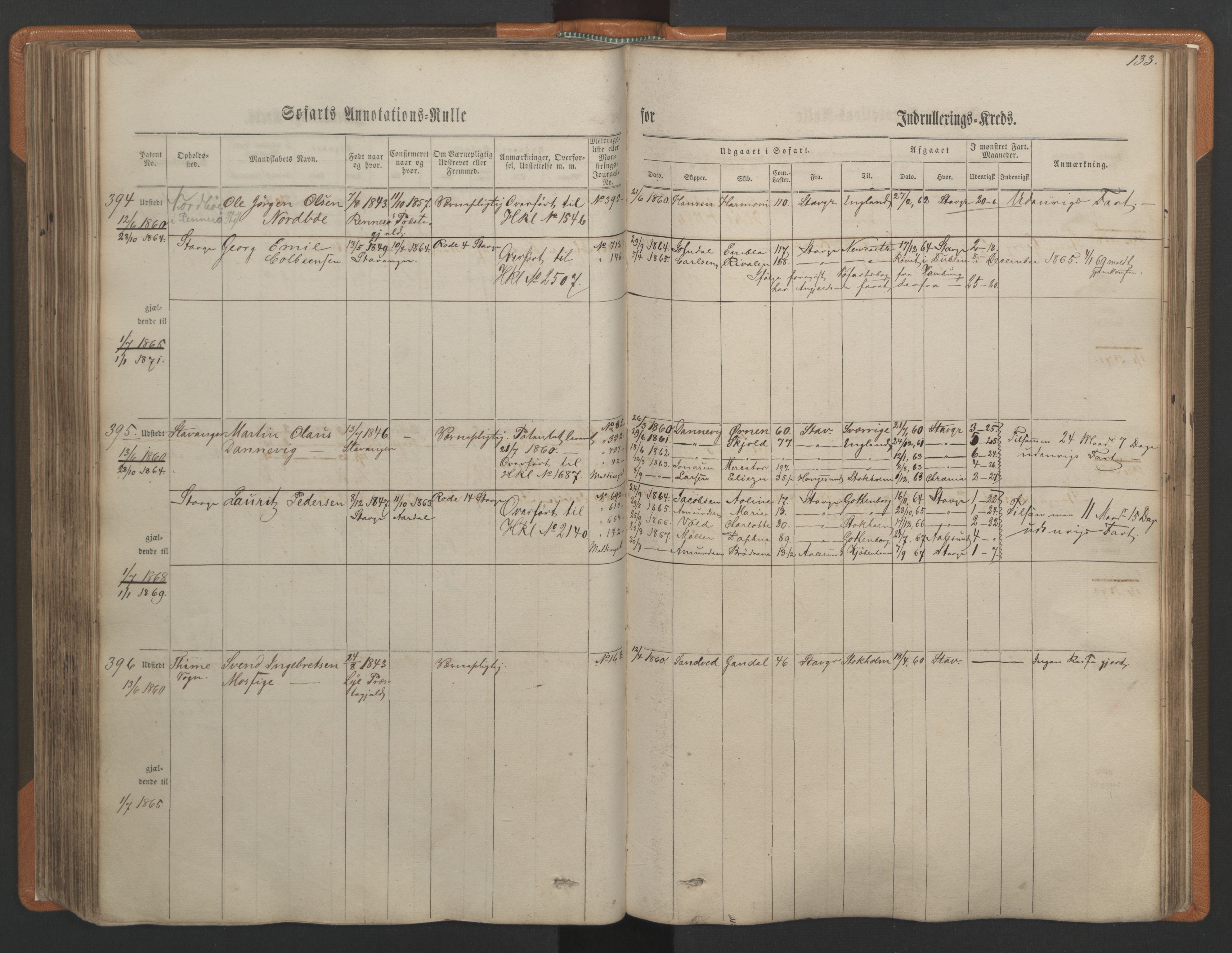 Stavanger sjømannskontor, SAST/A-102006/F/Ff/L0001: Annotasjonsrulle, patentnr. 1-597 (del 1), 1860-1864, p. 142